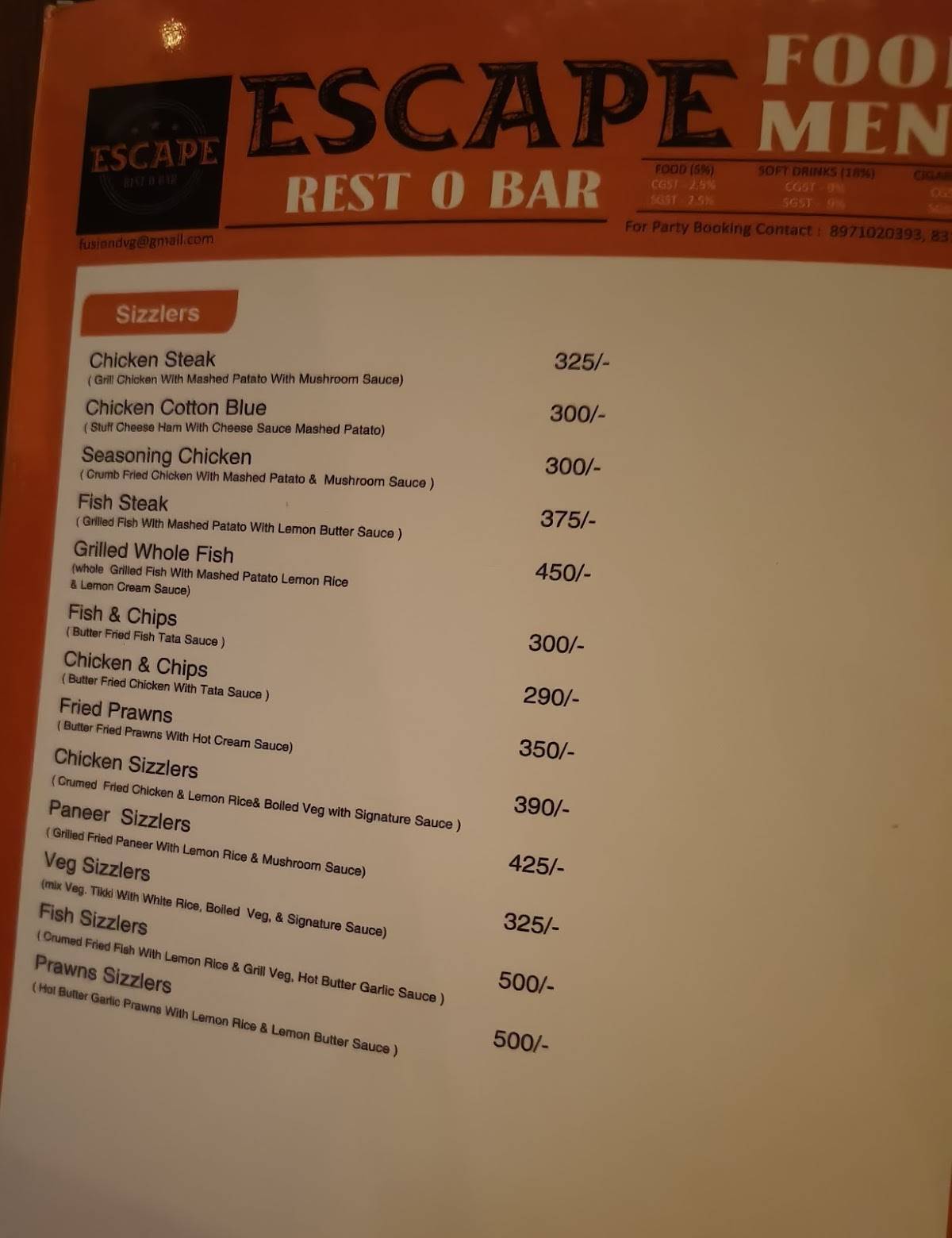 The Escape ( Rest O Bar) menu