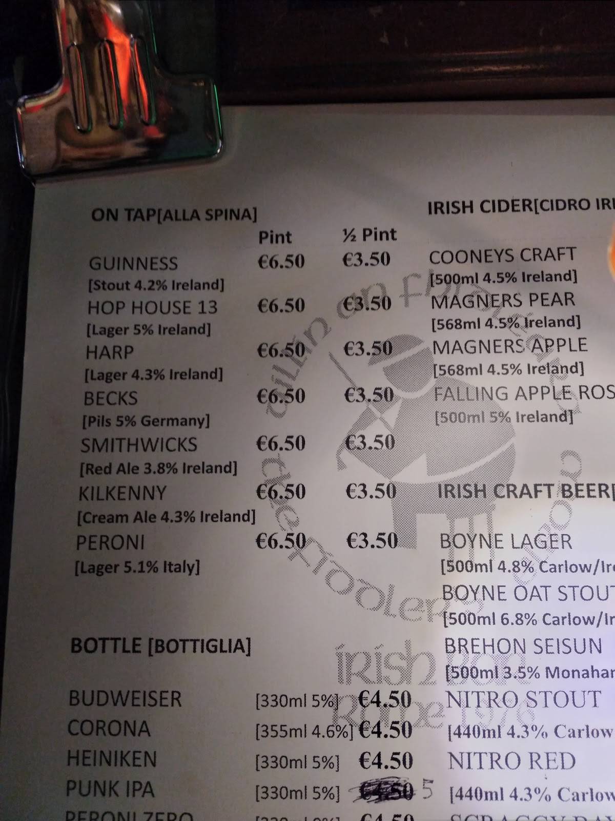 Menu di The Fiddler's Elbow 