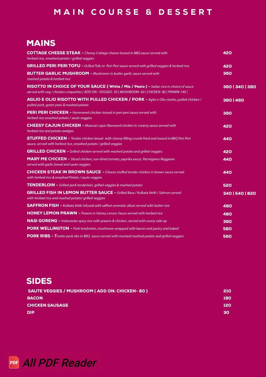 The Flamingo menu