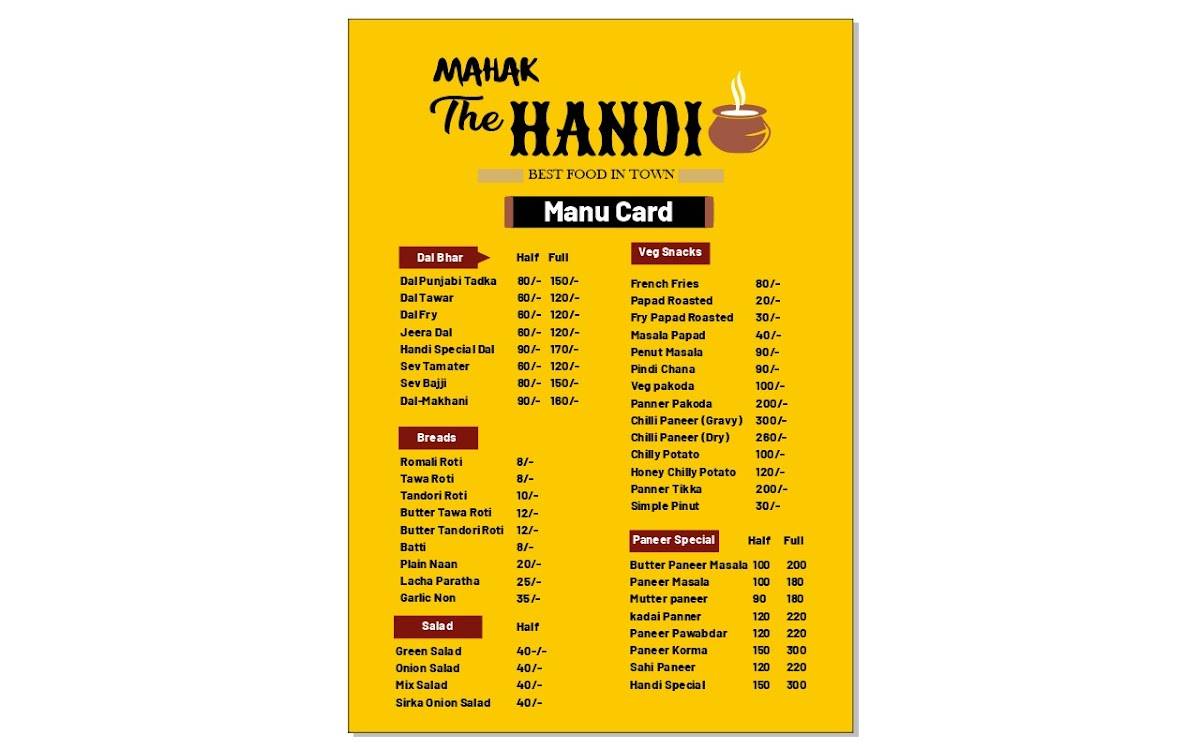 The Handi Restaurant menu