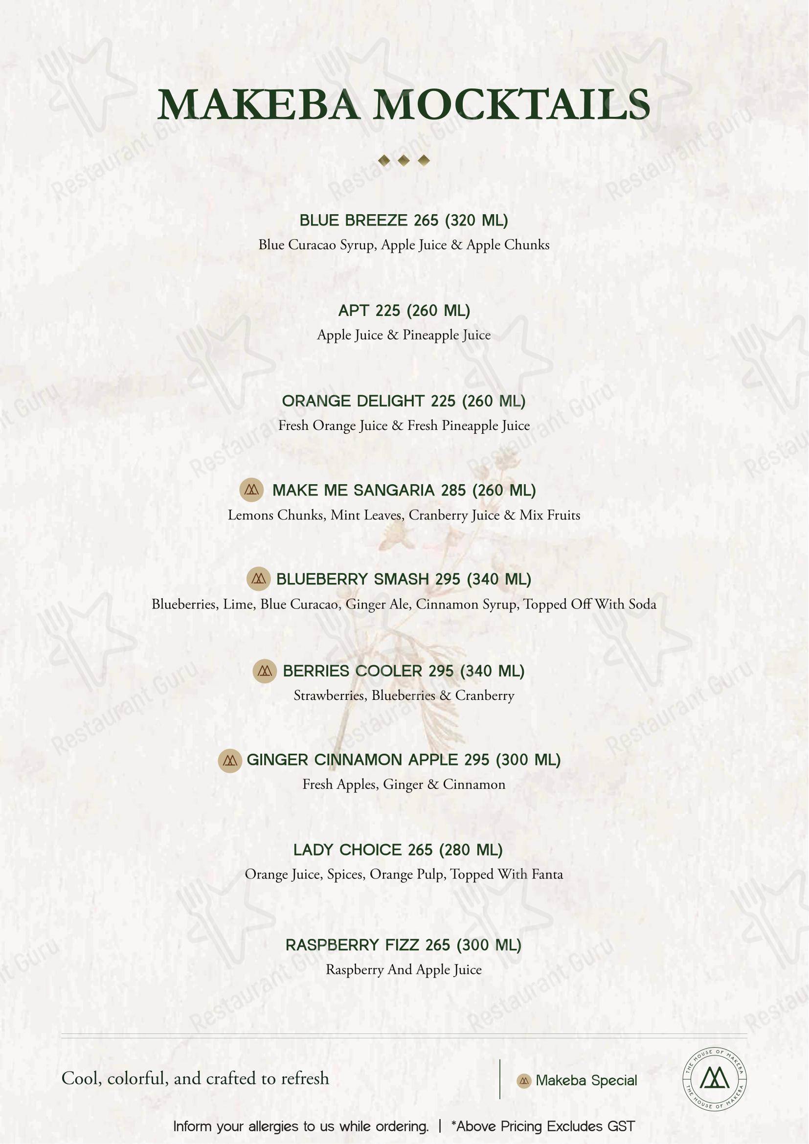 The House of Makeba - Rooftop Restaurant in IIM Road in Ahmedabad - Menu