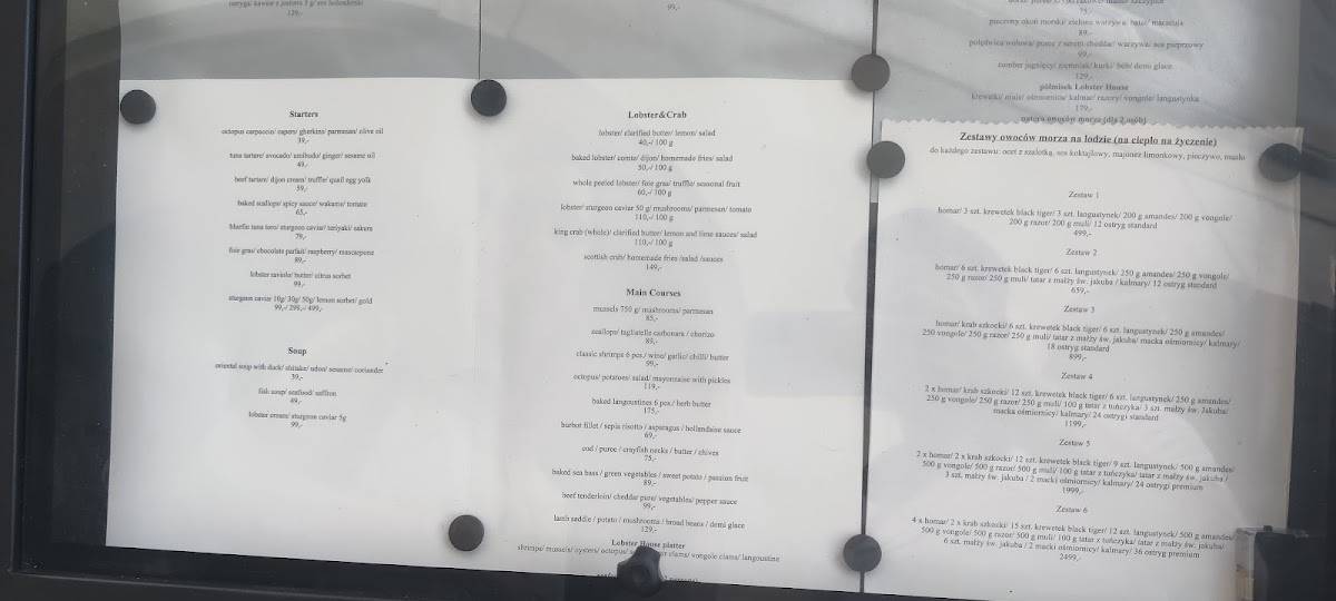 Menu at The Lobster House restaurant, Warsaw