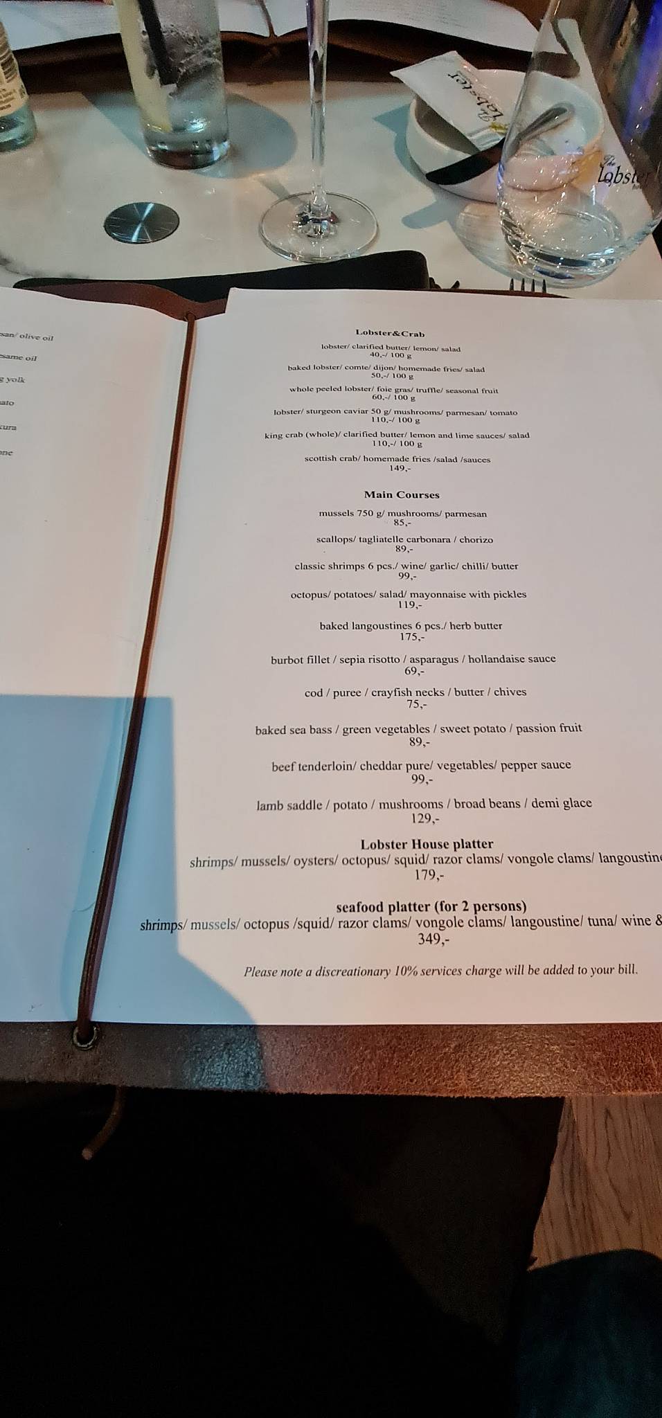 Menu at The Lobster House restaurant, Warsaw