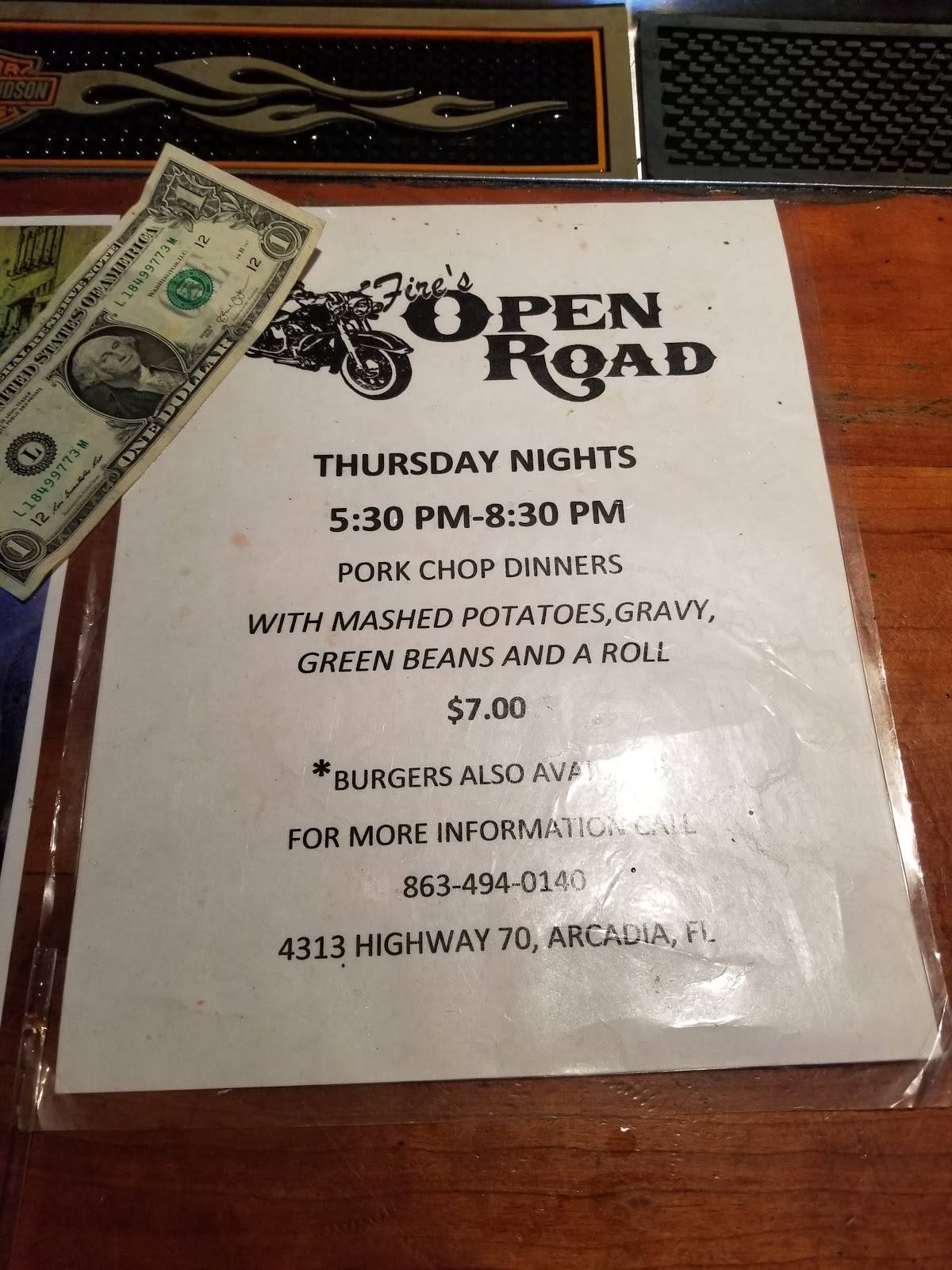 Menu at The Open Road Bar and Grill, Southeast Arcadia