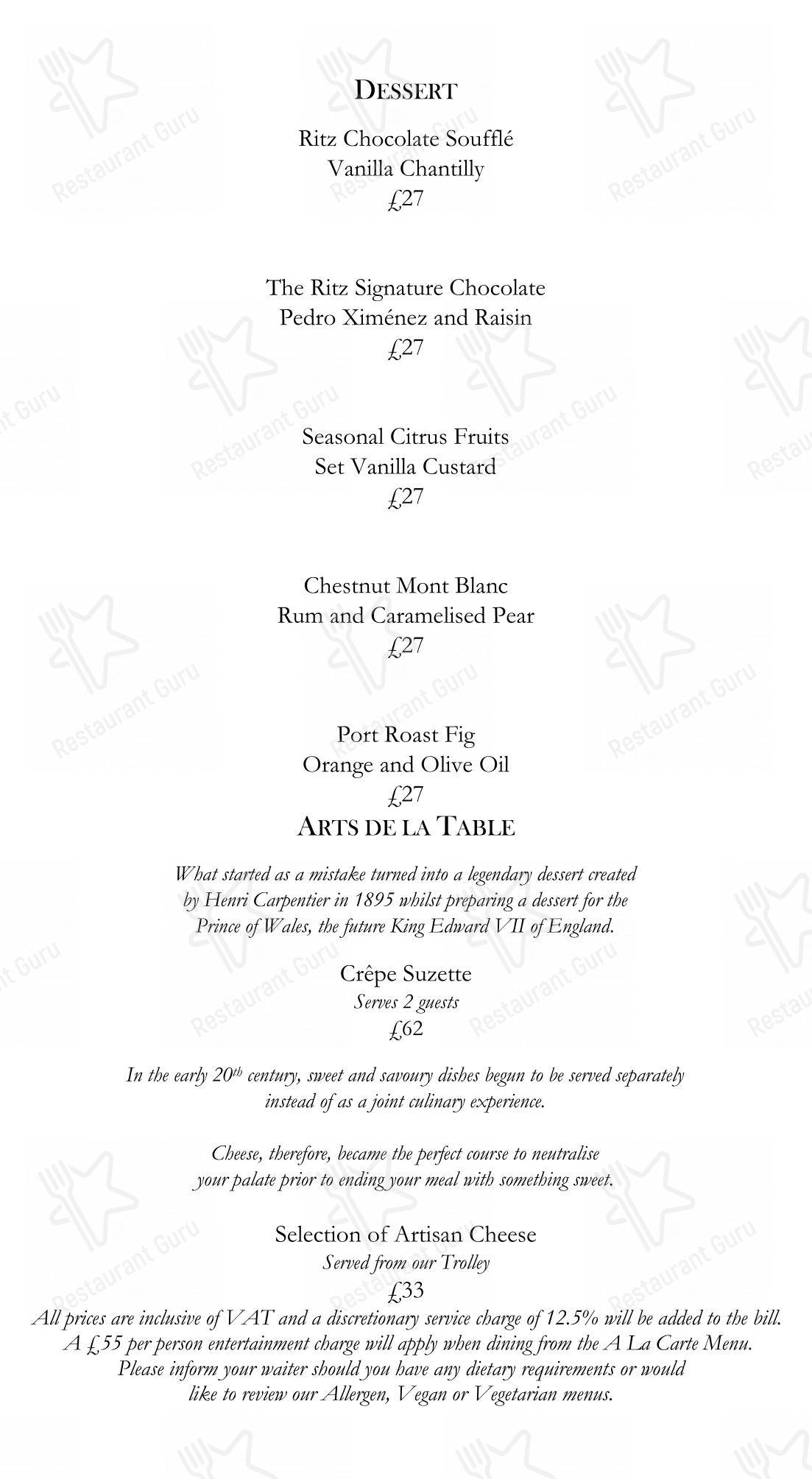 Menu at The Ritz Restaurant, London