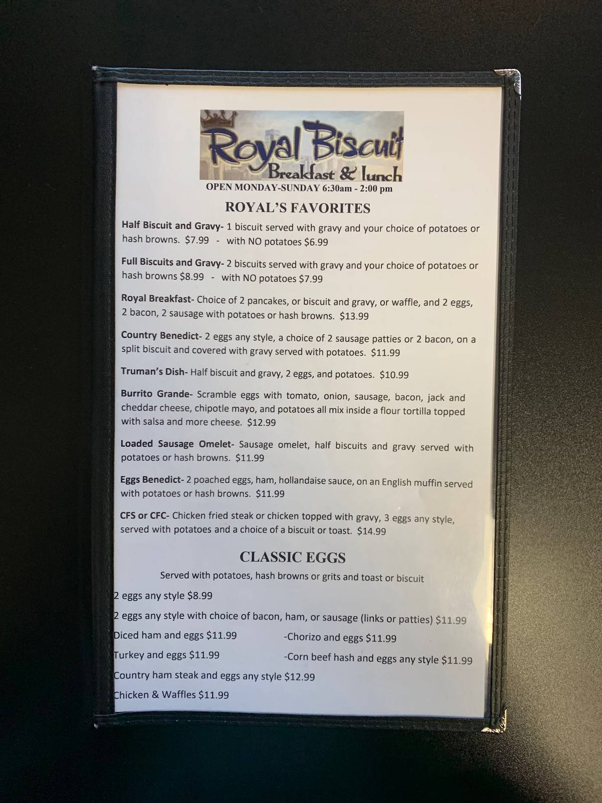 Carta del restaurante The Royal Biscuit, Blue Springs