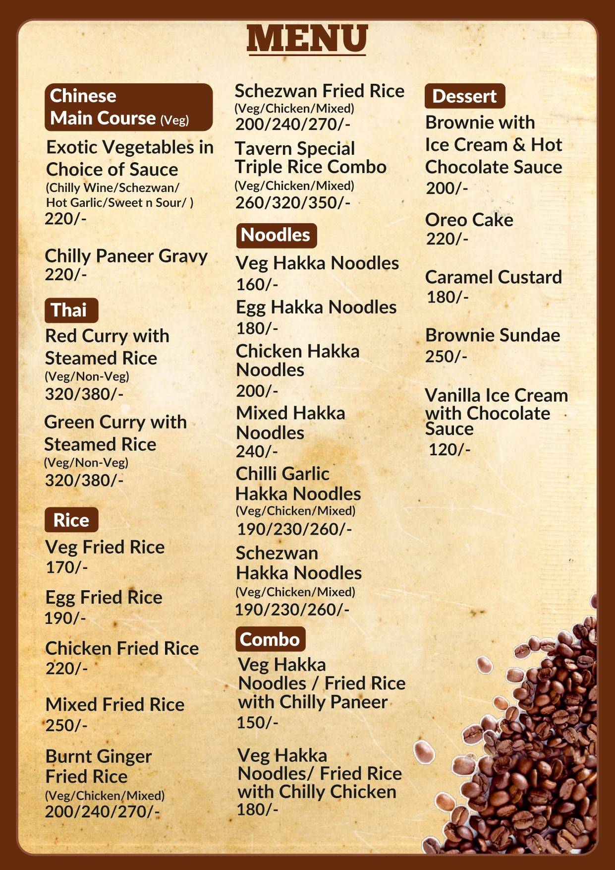 The Tavern Cafe menu