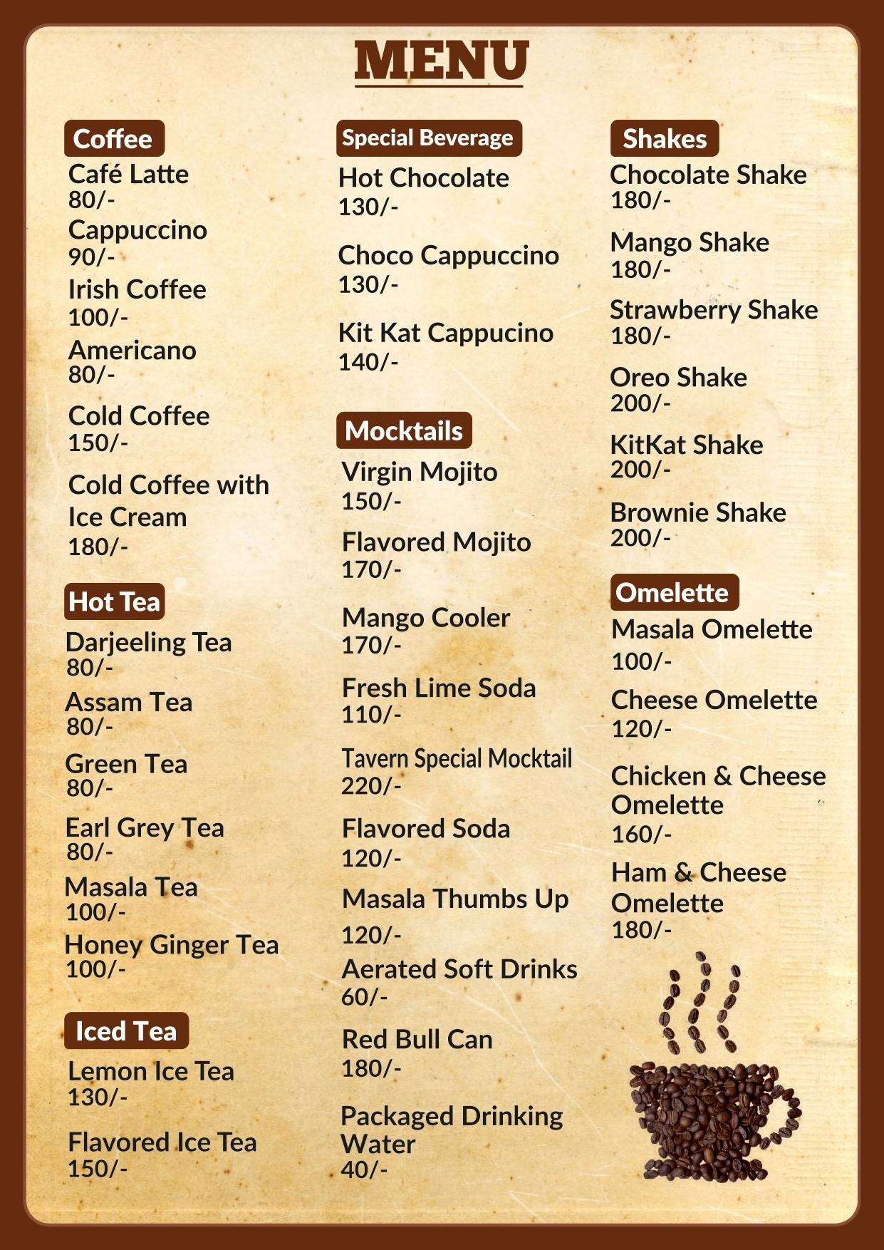 The Tavern Cafe menu