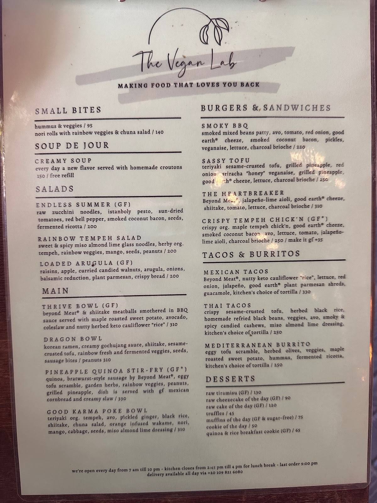 Menu de The Vegan Lab