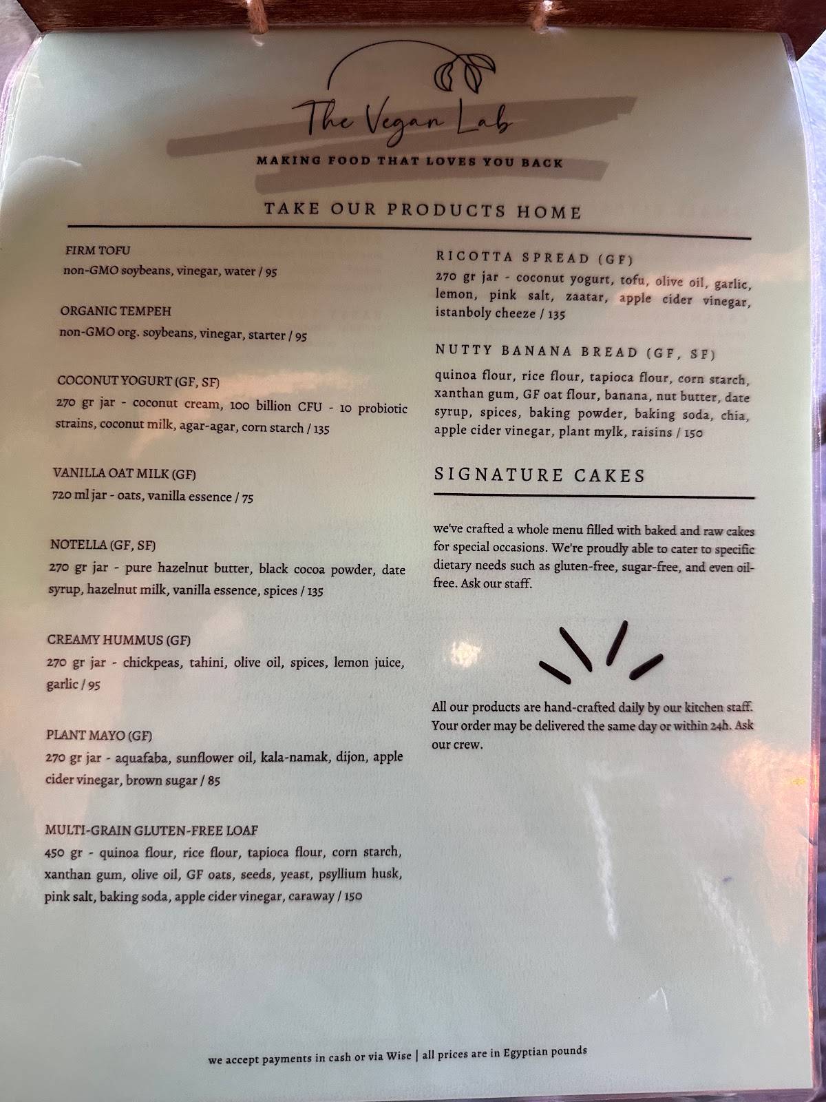 Menu de The Vegan Lab