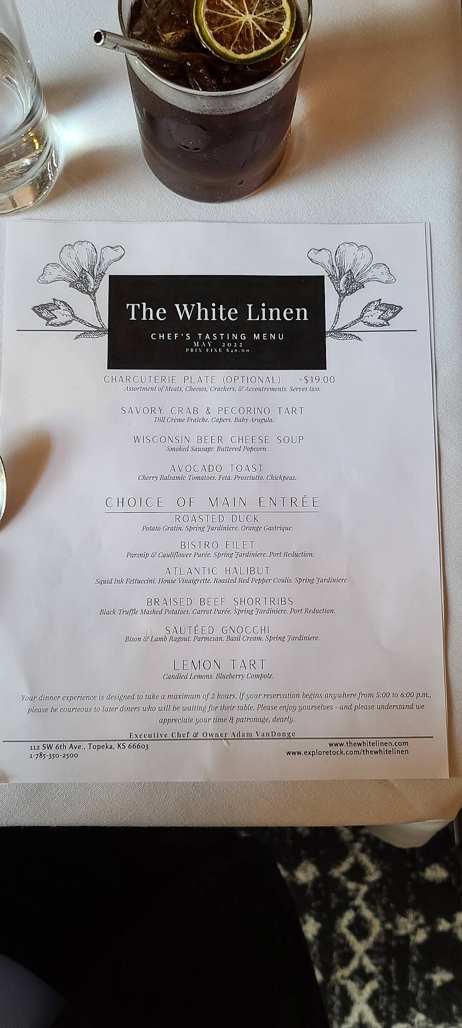 Menu at The White Linen restaurant, Topeka