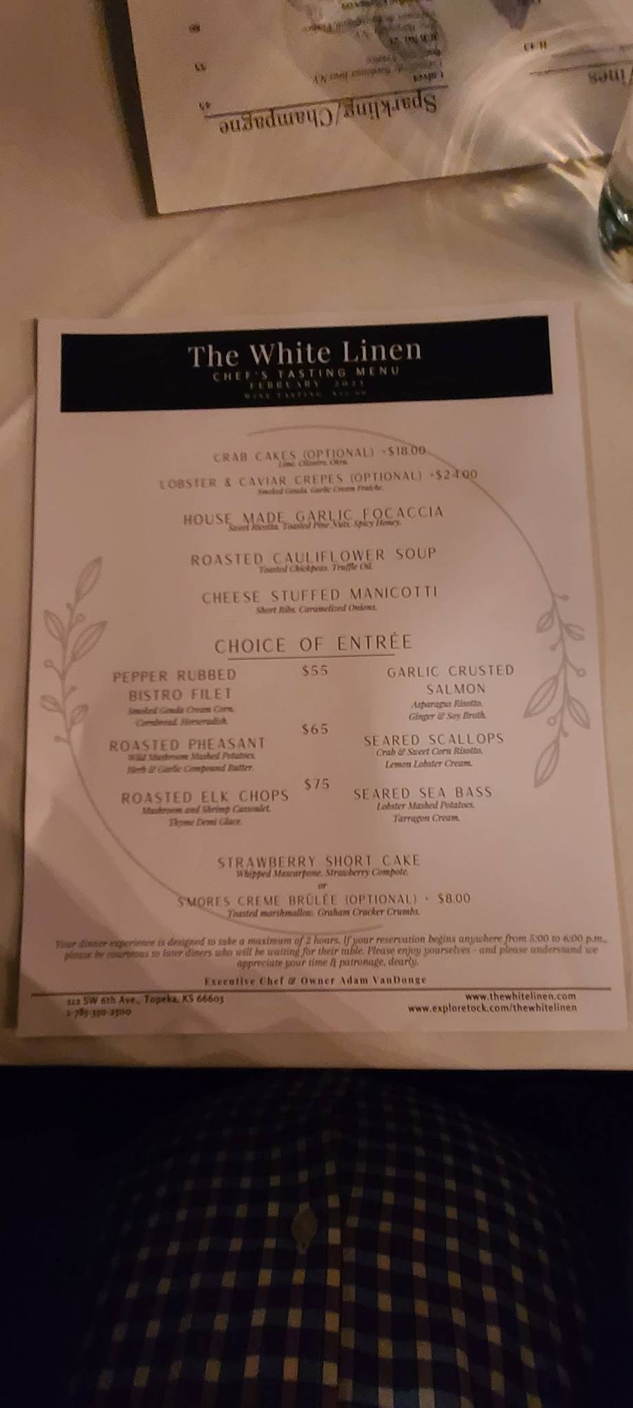 Menu at The White Linen restaurant, Topeka