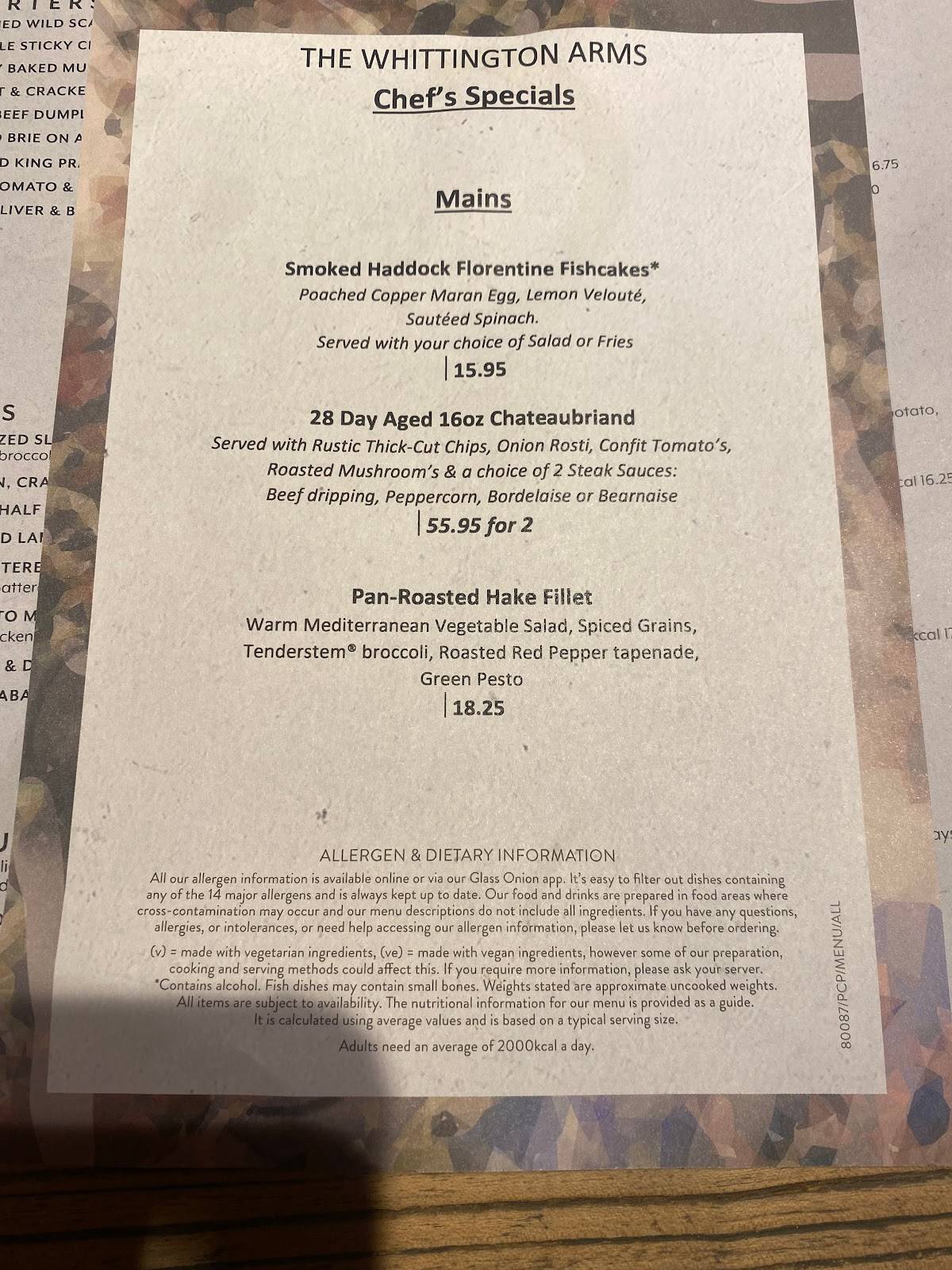 Menu at The Whittington Arms pub & bar, Lichfield, Tamworth Rd