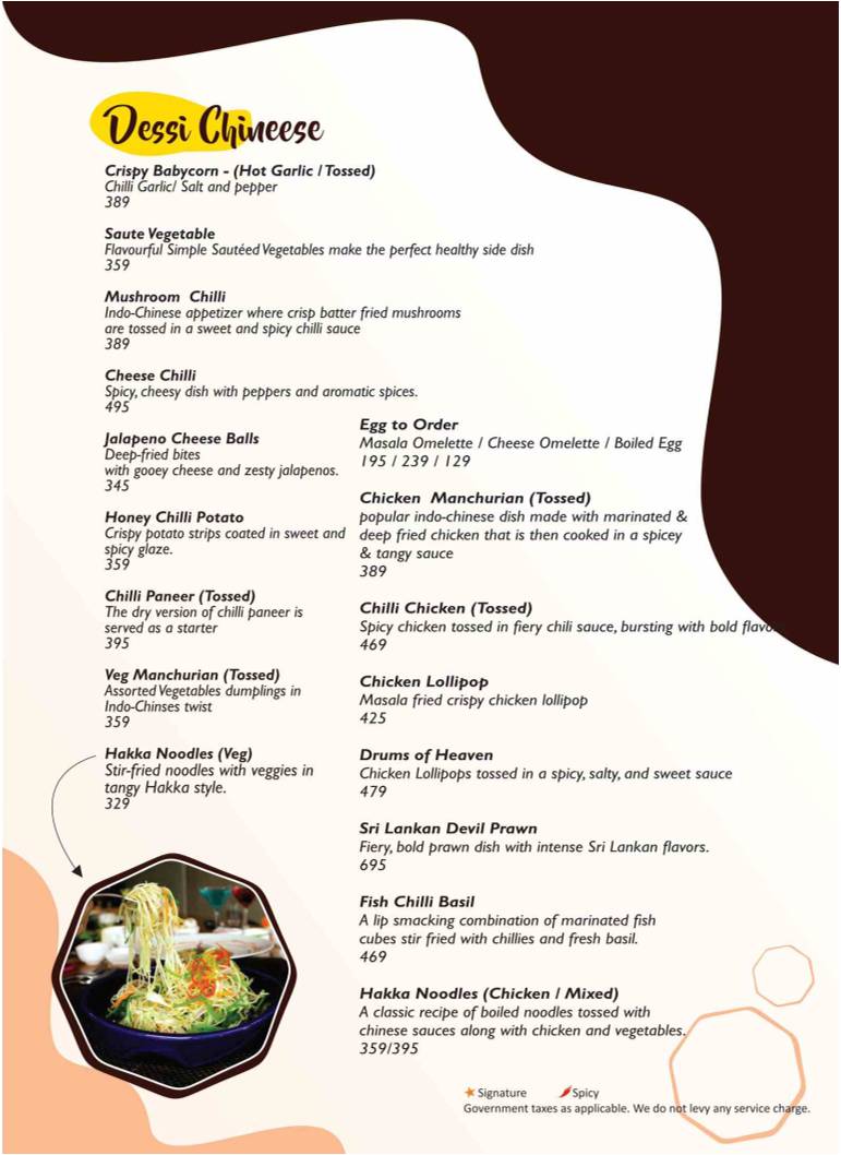 The Yellow Chilli Restaurant menu