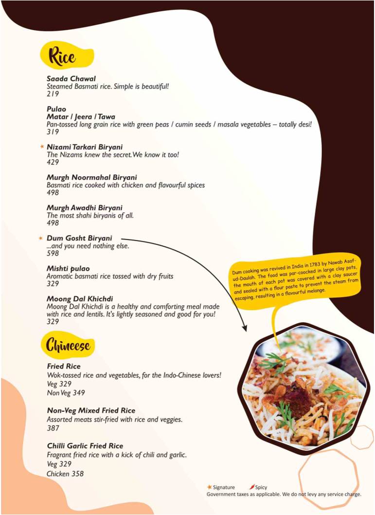 The Yellow Chilli Restaurant menu