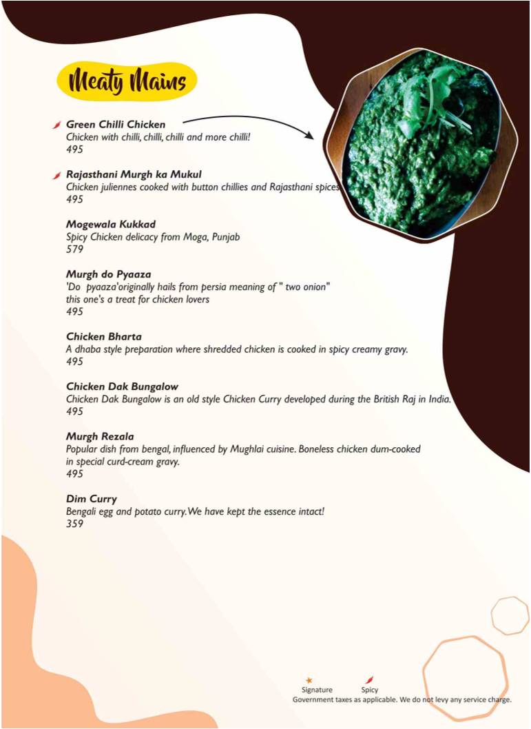 The Yellow Chilli Restaurant menu