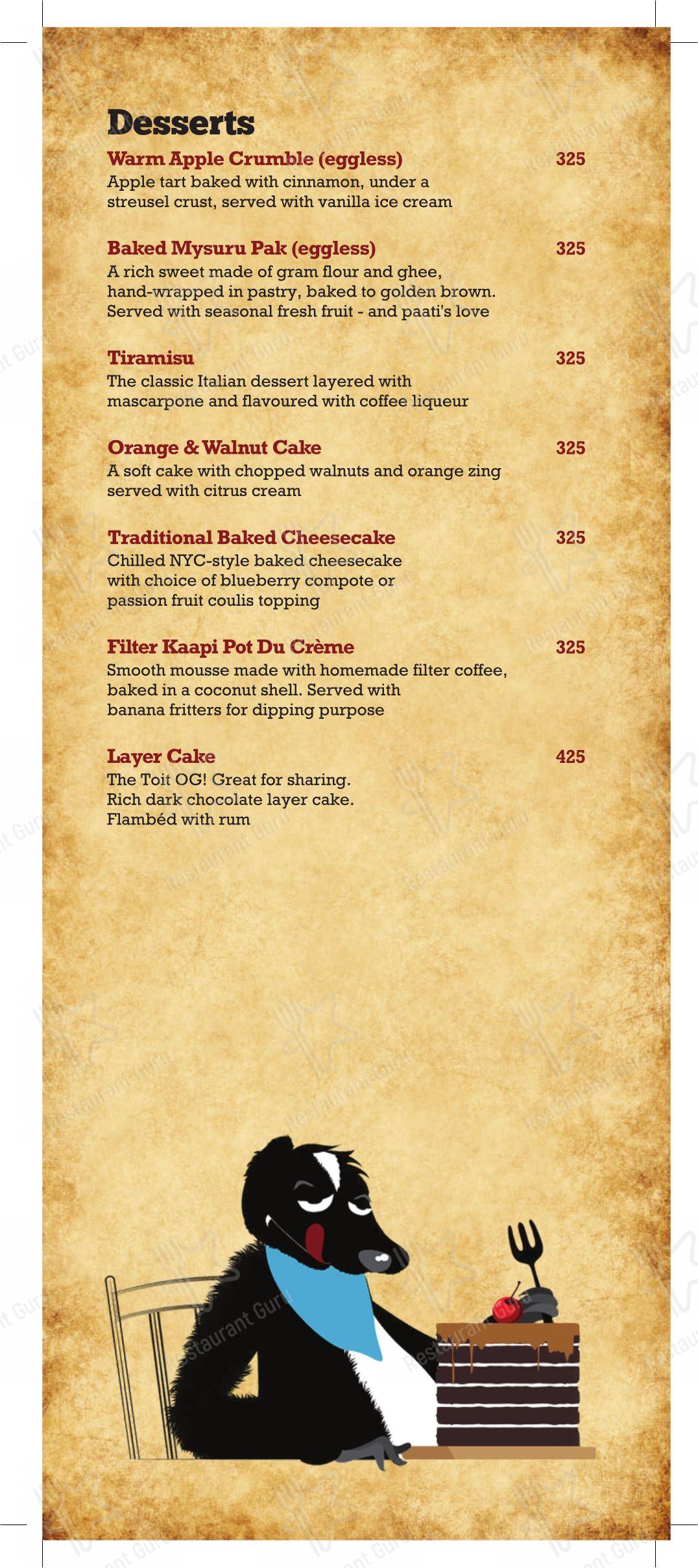 Menu bar for Toit in Bengaluru