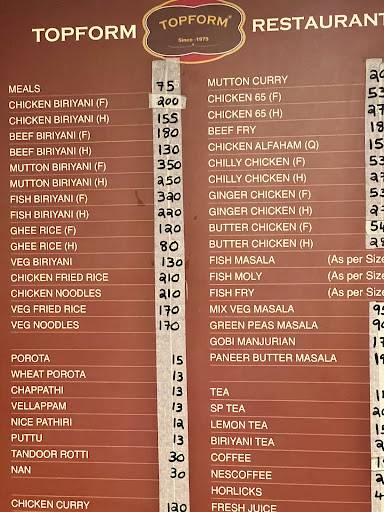 Topform Restaurant Kozhikode menu