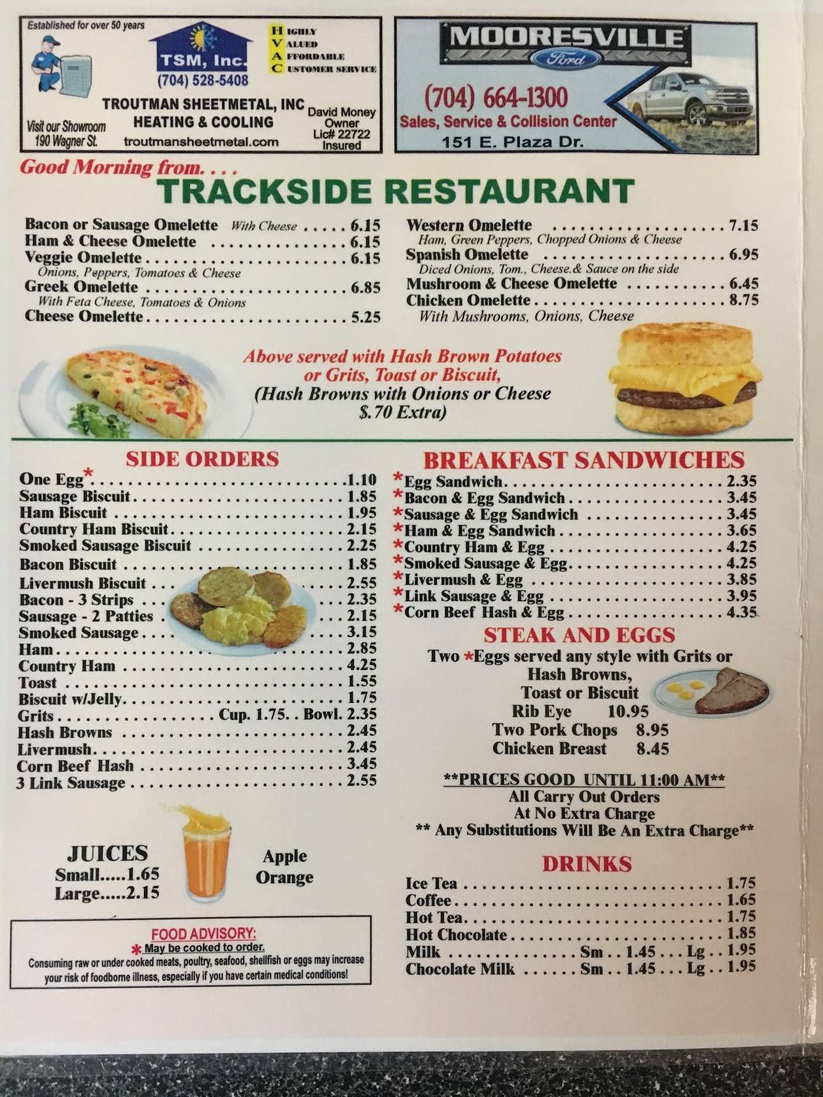 Menu at Trackside Restaurant, Mooresville