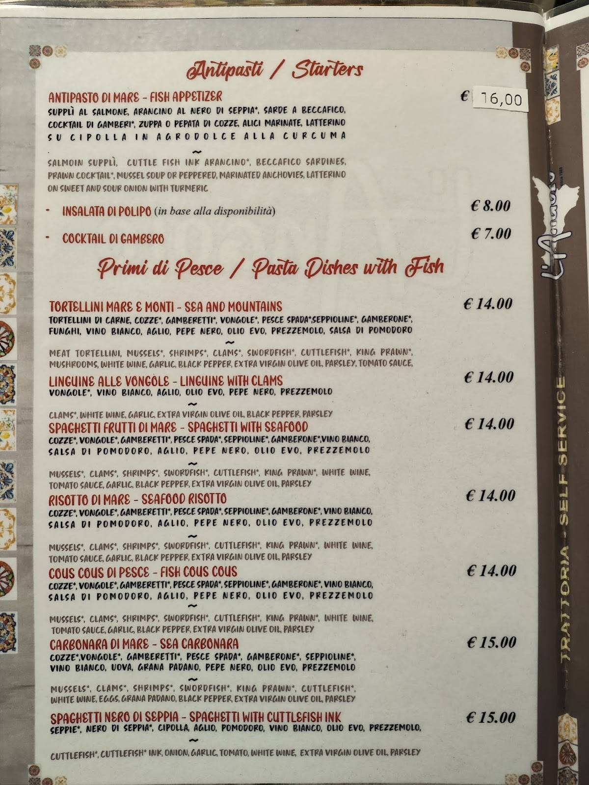 Menu di Trattoria Bar L'Angolo 