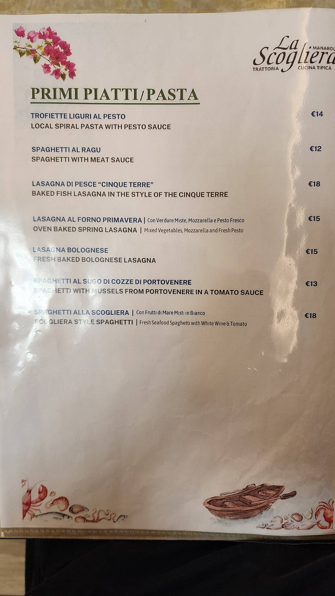 Menu di La Scogliera 