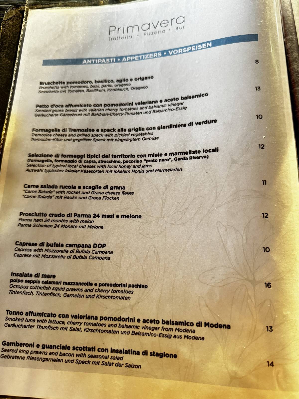 Menu di Trattoria Pizzeria Primavera - Fraz.Voltino 