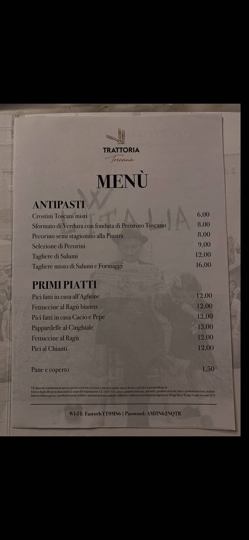 Menu di Trattoria Toscana Roma 