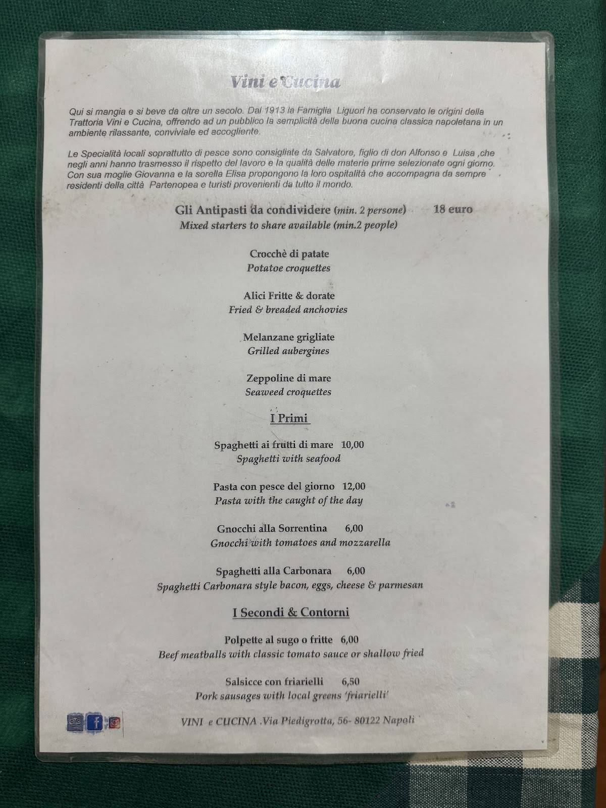 Menu di Trattoria vini e cucina 