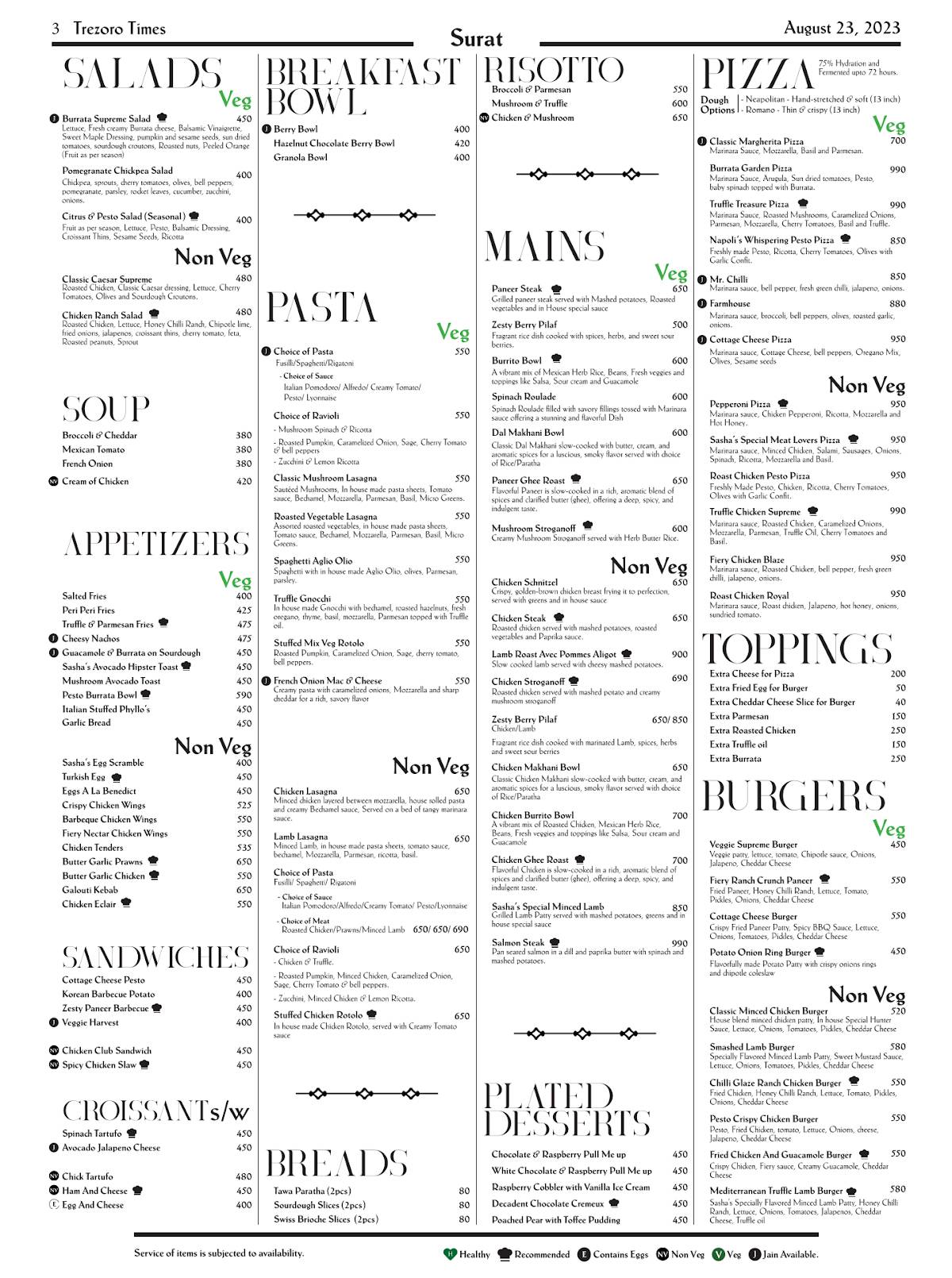 Trezoro Fine Dine Restaurant & Cafe menu