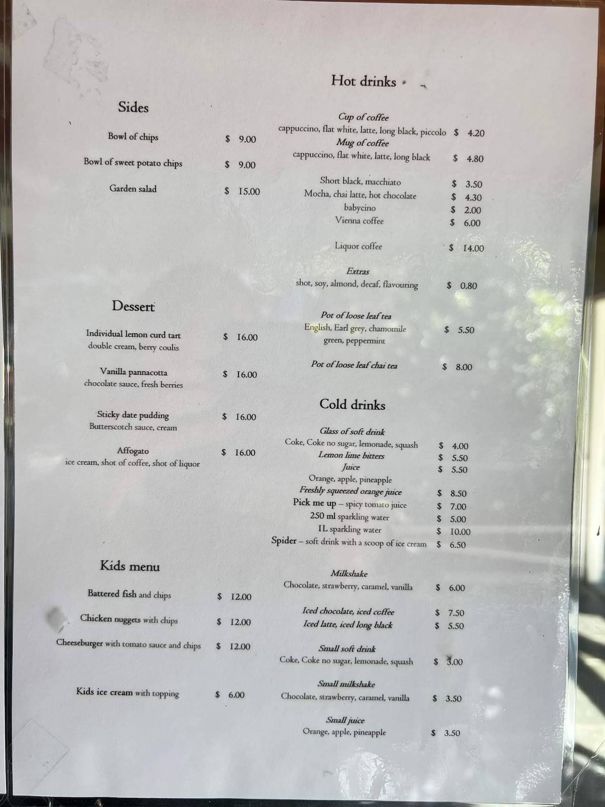 Menu at Trial Bay Kiosk restaurant, South West Rocks