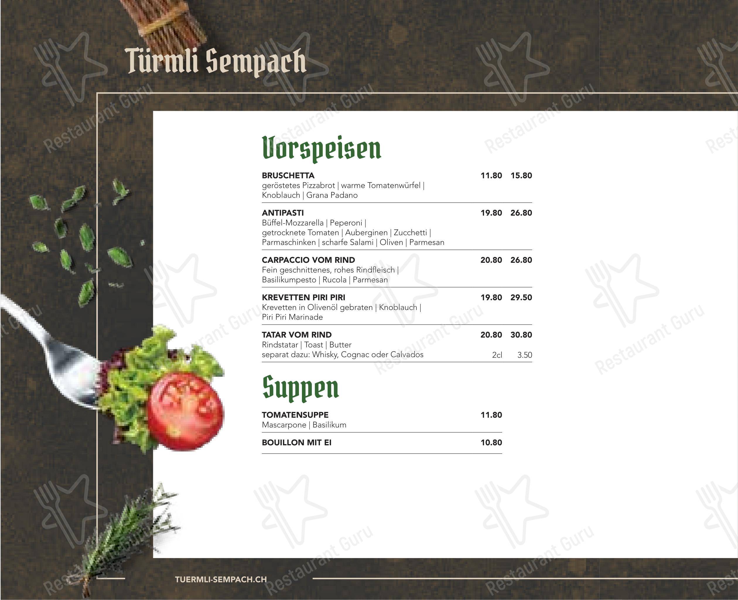 Türmli Restaurant & Pizzeria in Sempach - Menu