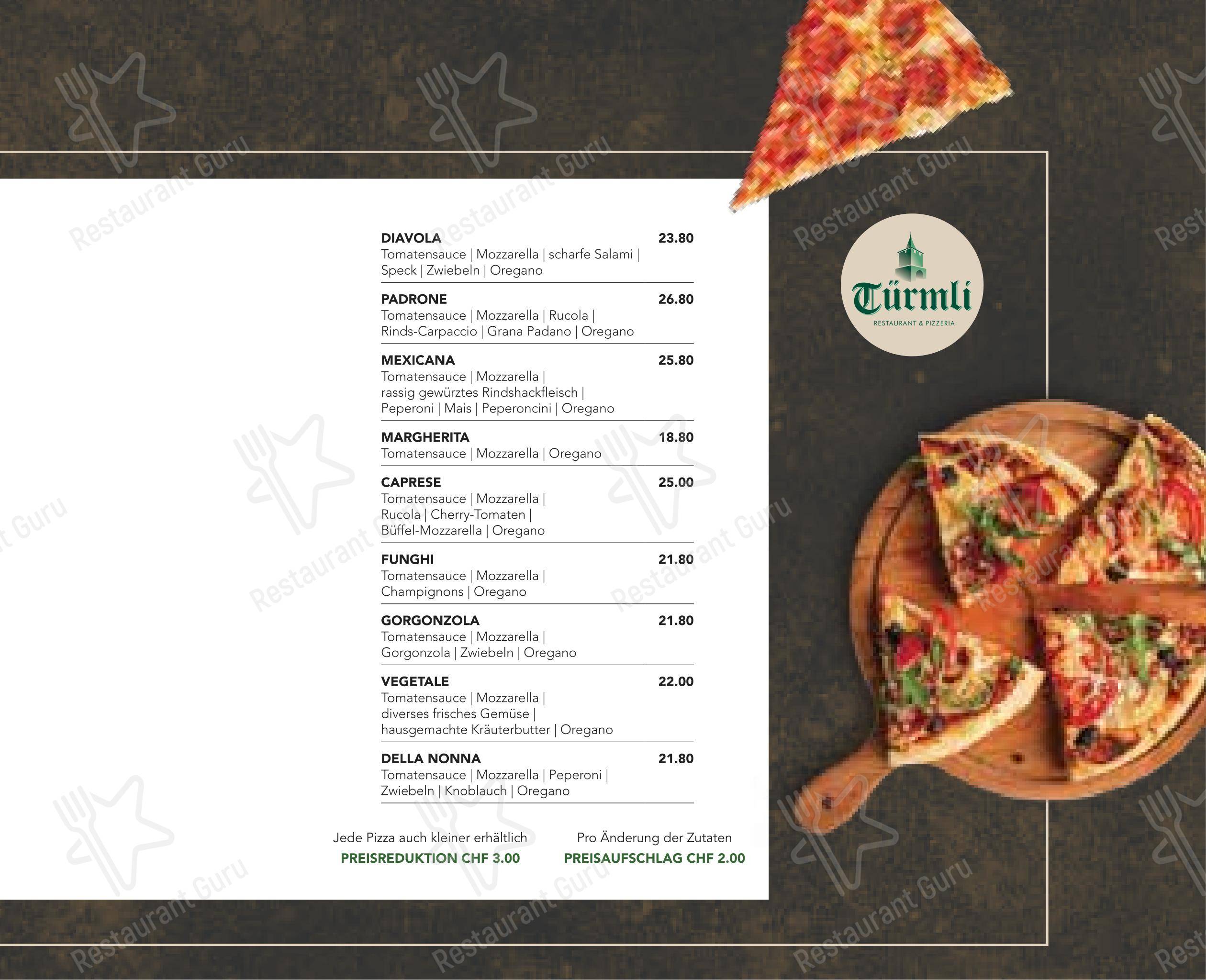 Menu per Türmli Restaurant & Pizzeria pizzeria