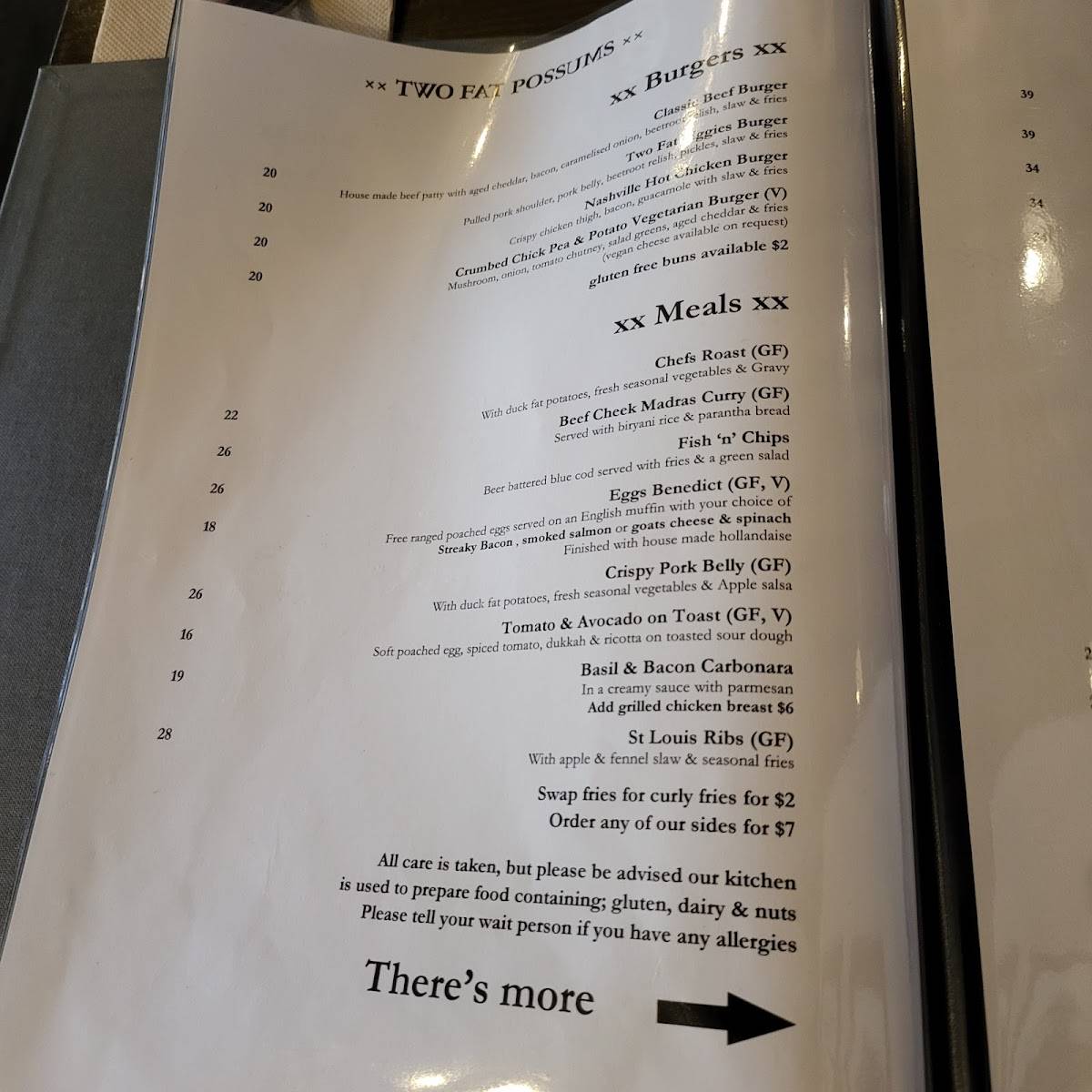 Menu at Two Fat Possums restaurant, West Melton