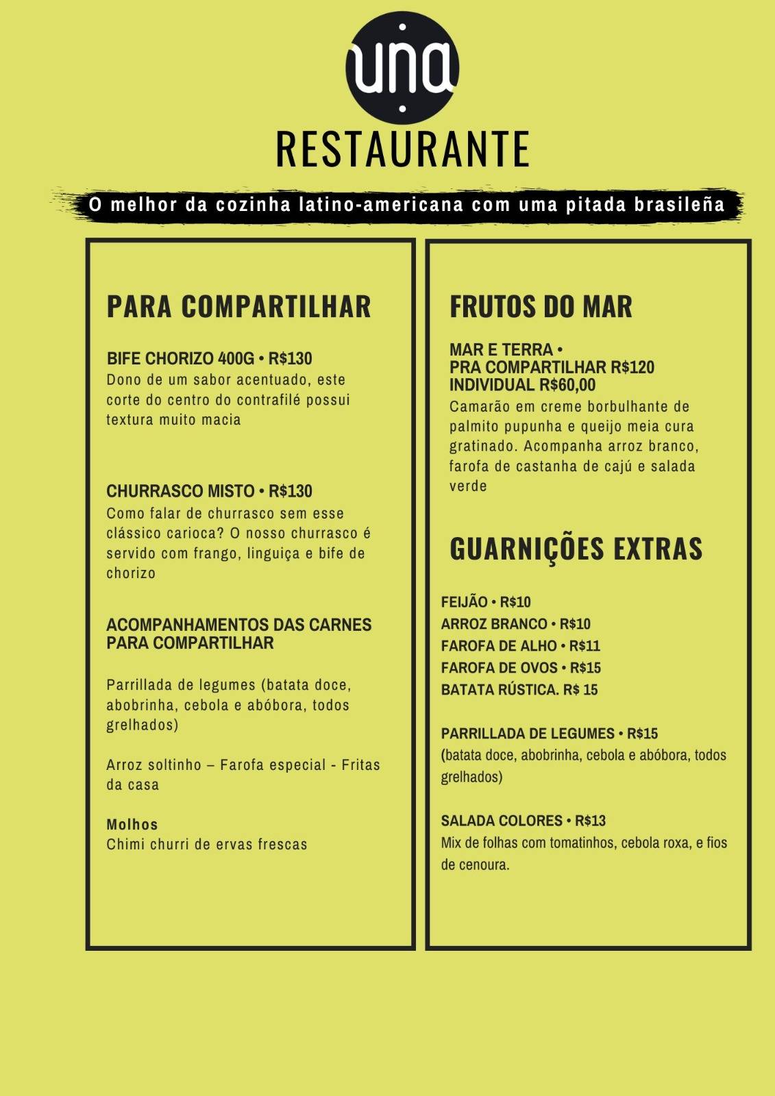 UNA Restaurante cardápio