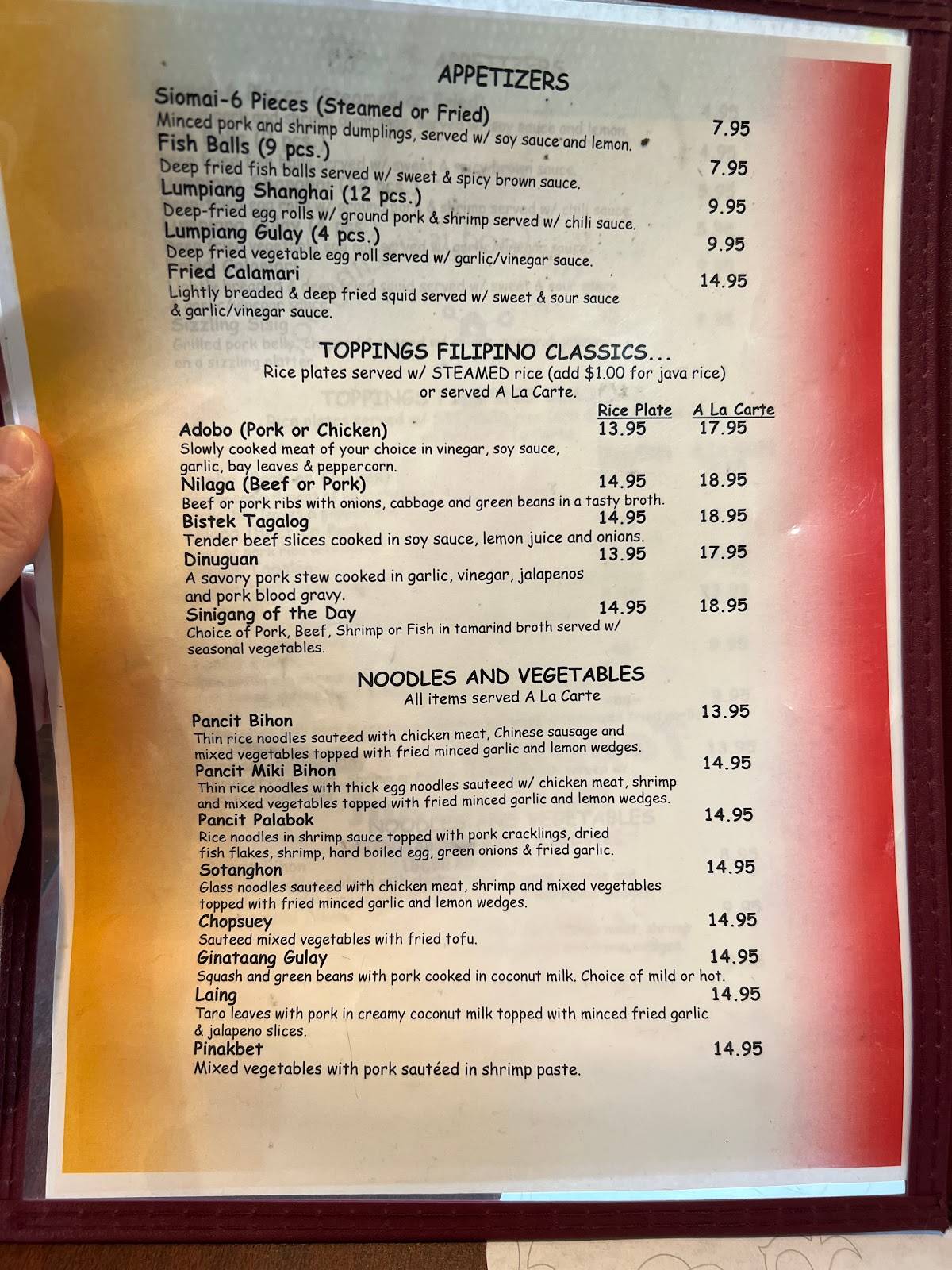 Меню Toppings Too Restaurant, Юнион-Сити
