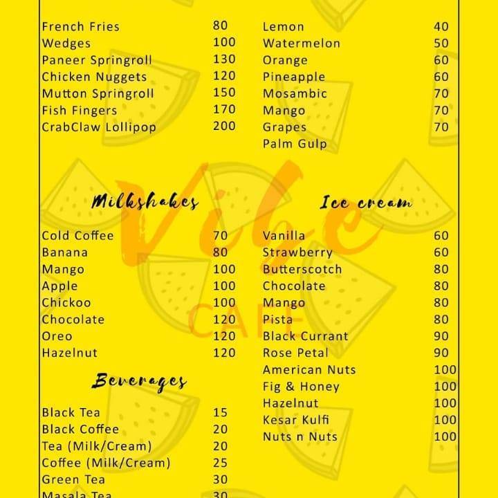 VIBE Cafe menu