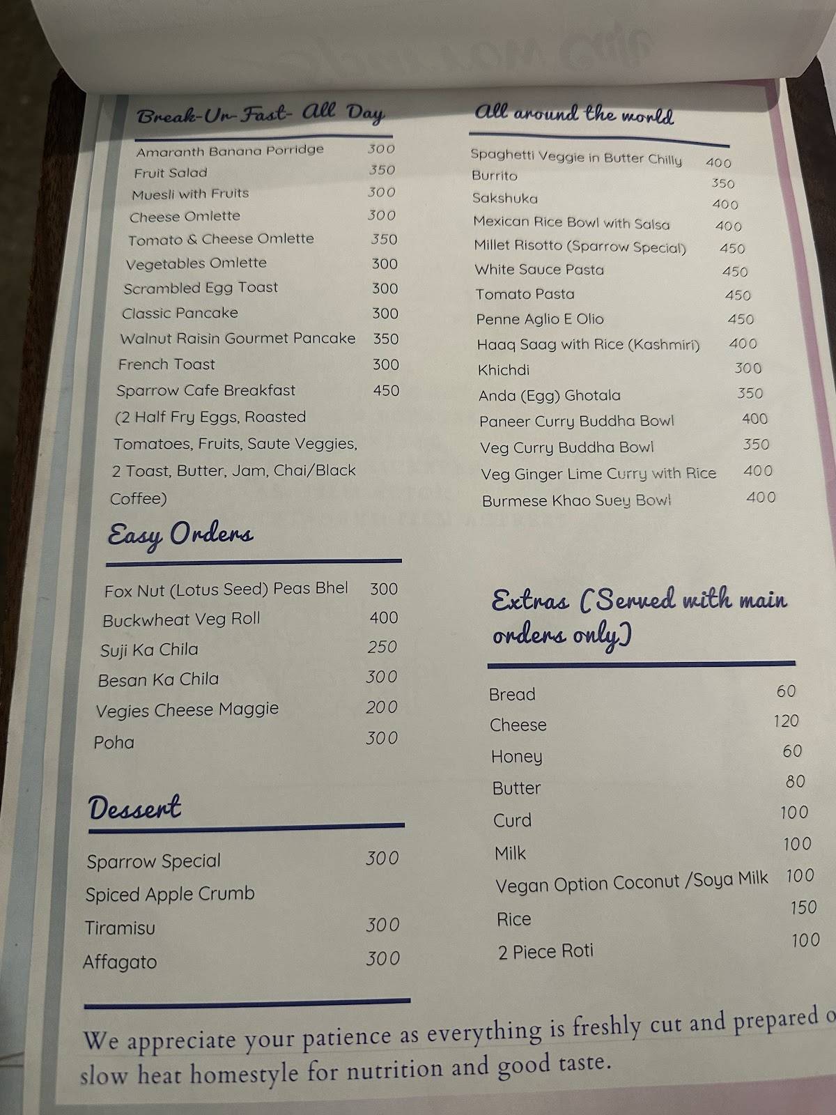 Sparrow Cafe menu