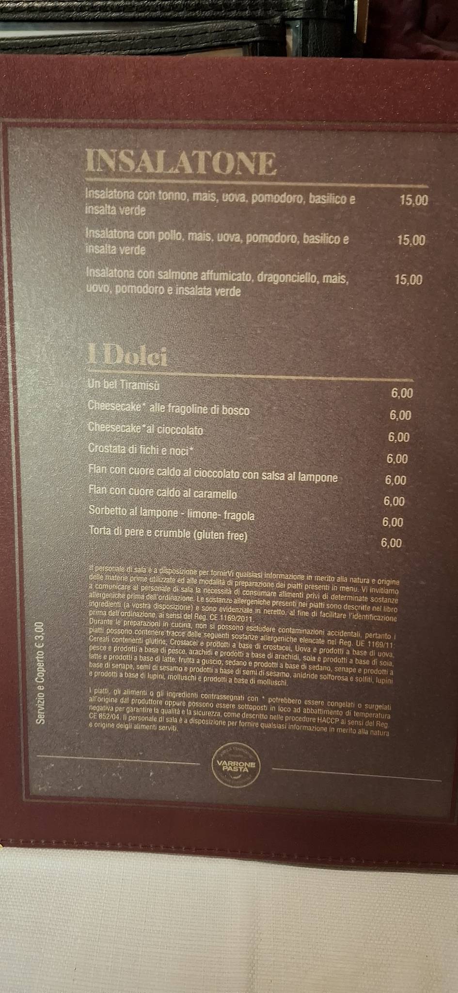Menu de Varrone Pasta