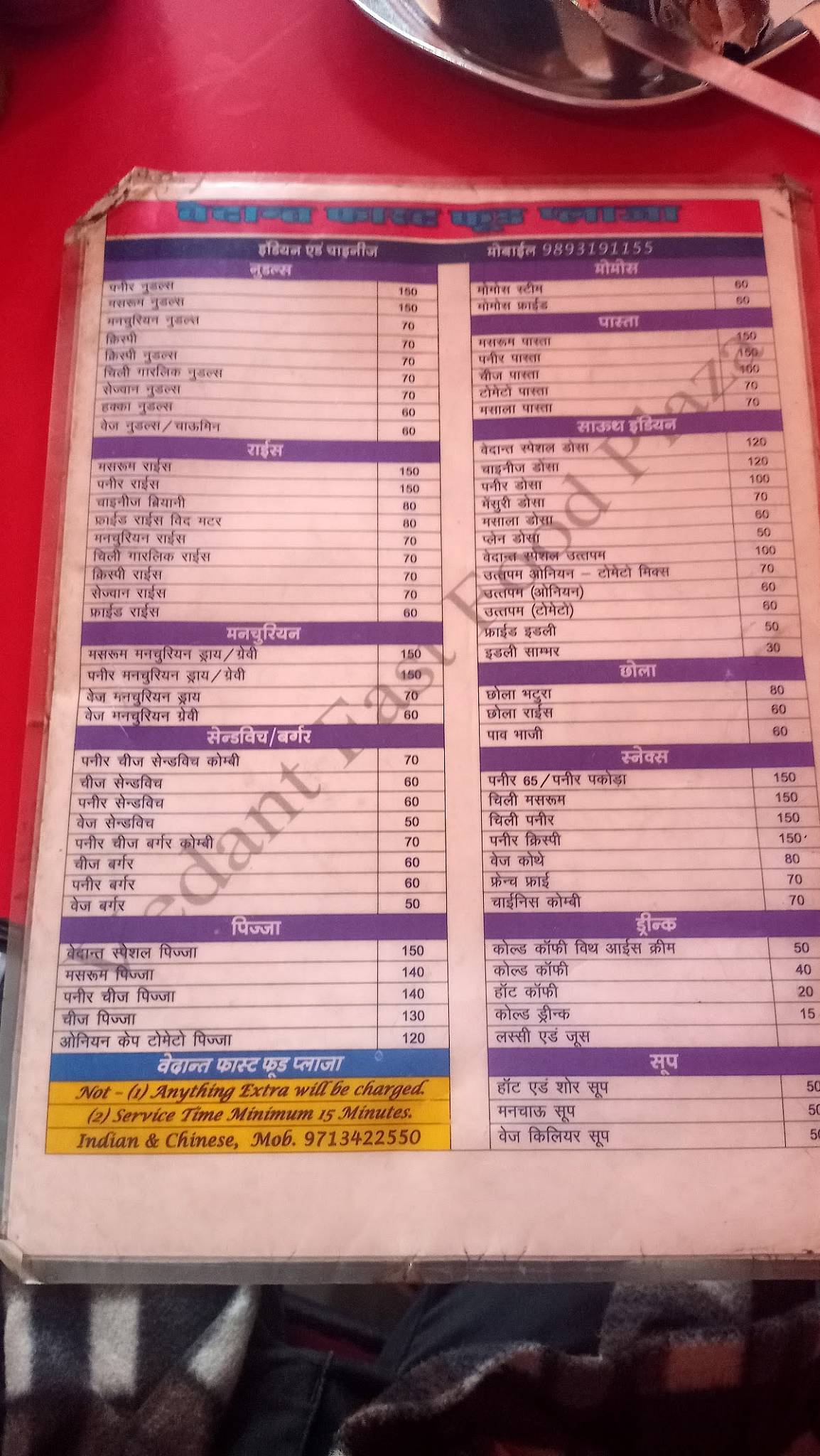 Vedant Indian & Chinese Fast Food Plaza menu