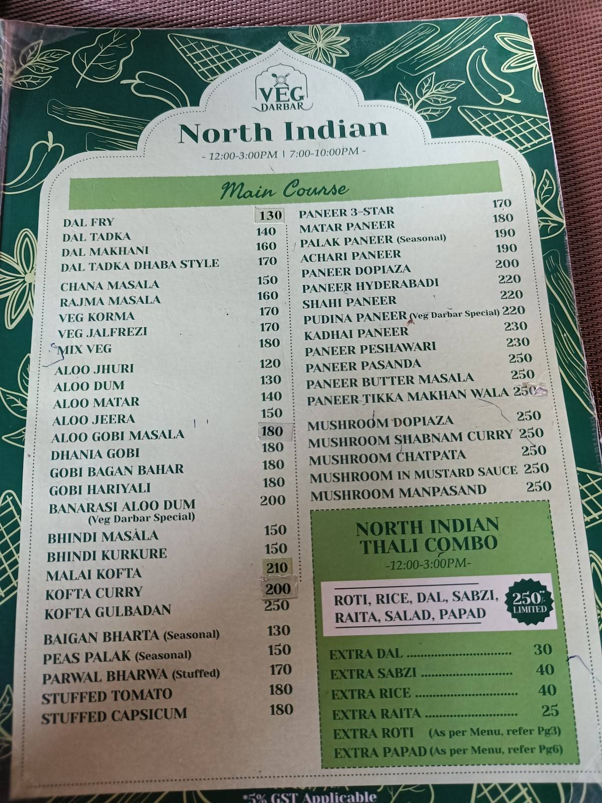 Veg Darbar menu