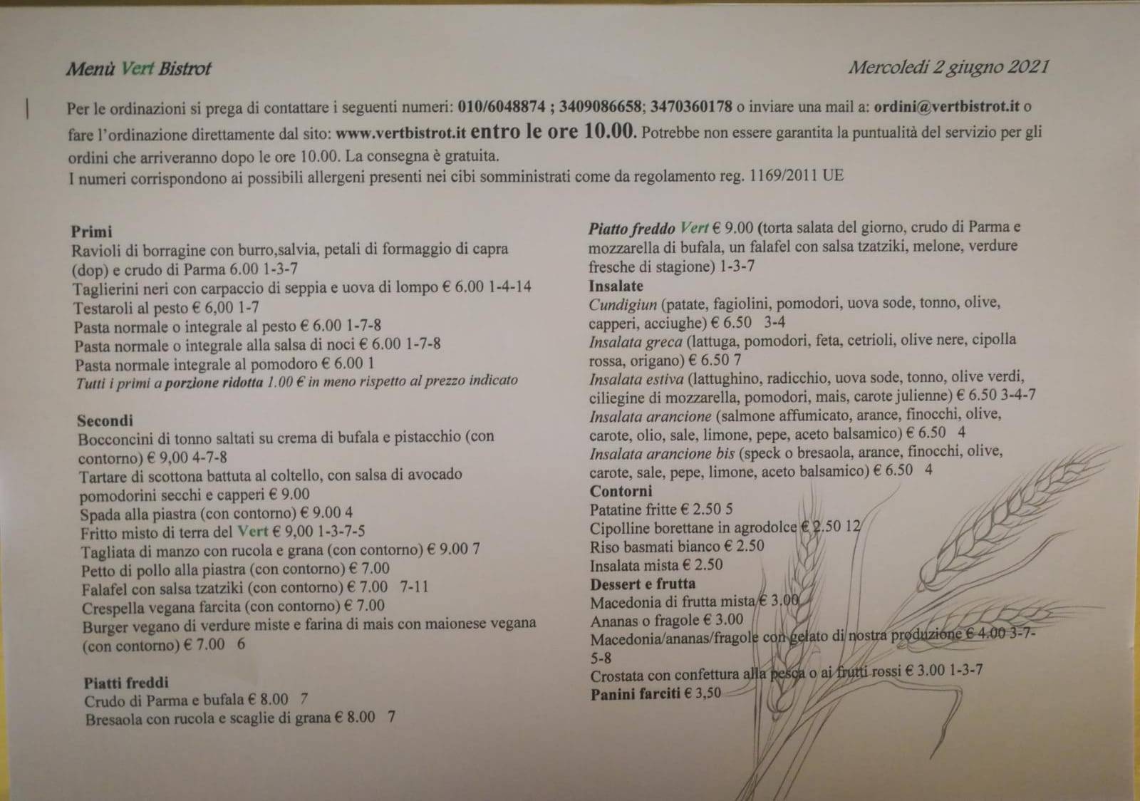 Menu di Vert Bistrot 