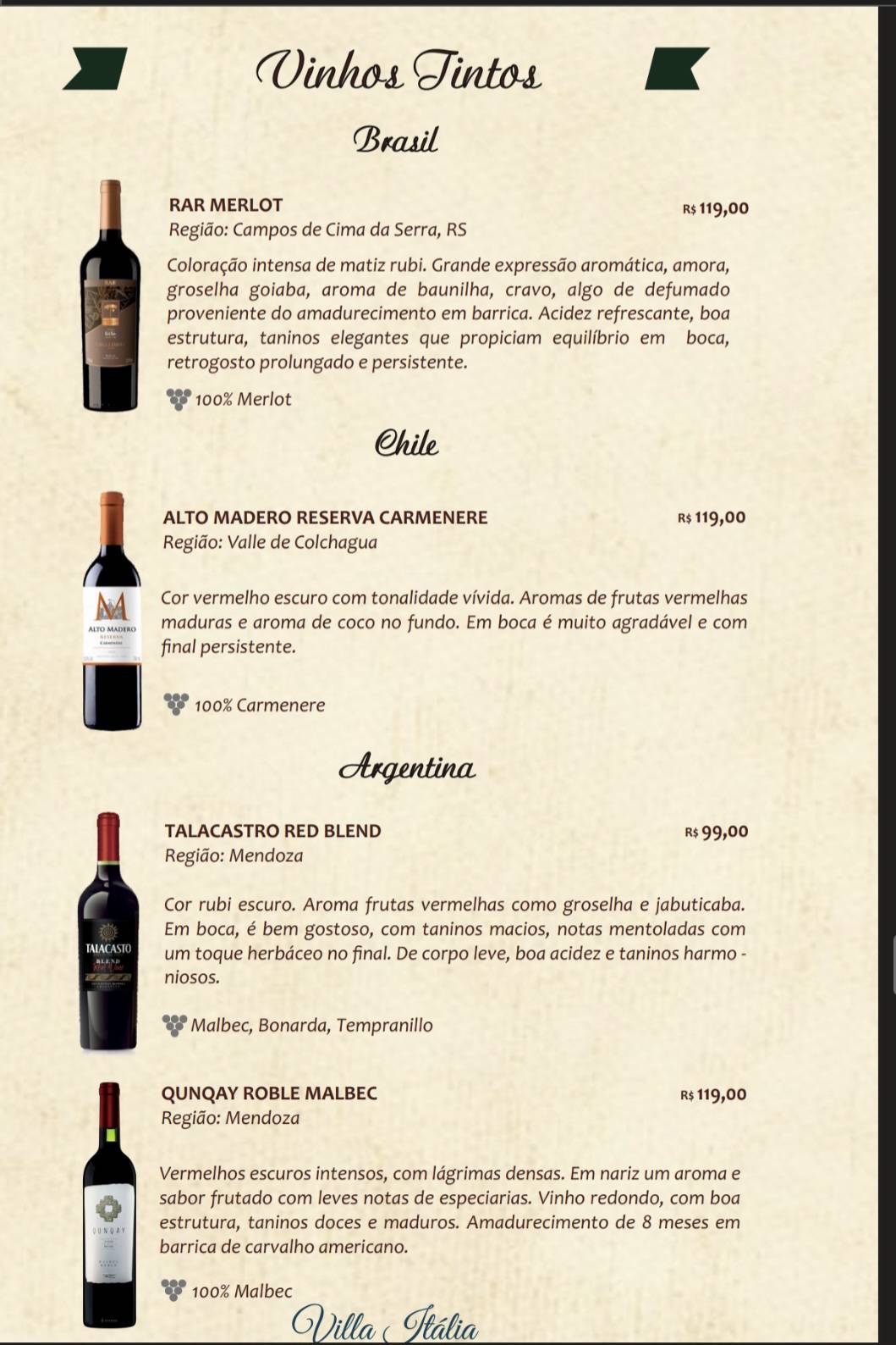 VILLA ITALIA cardápio