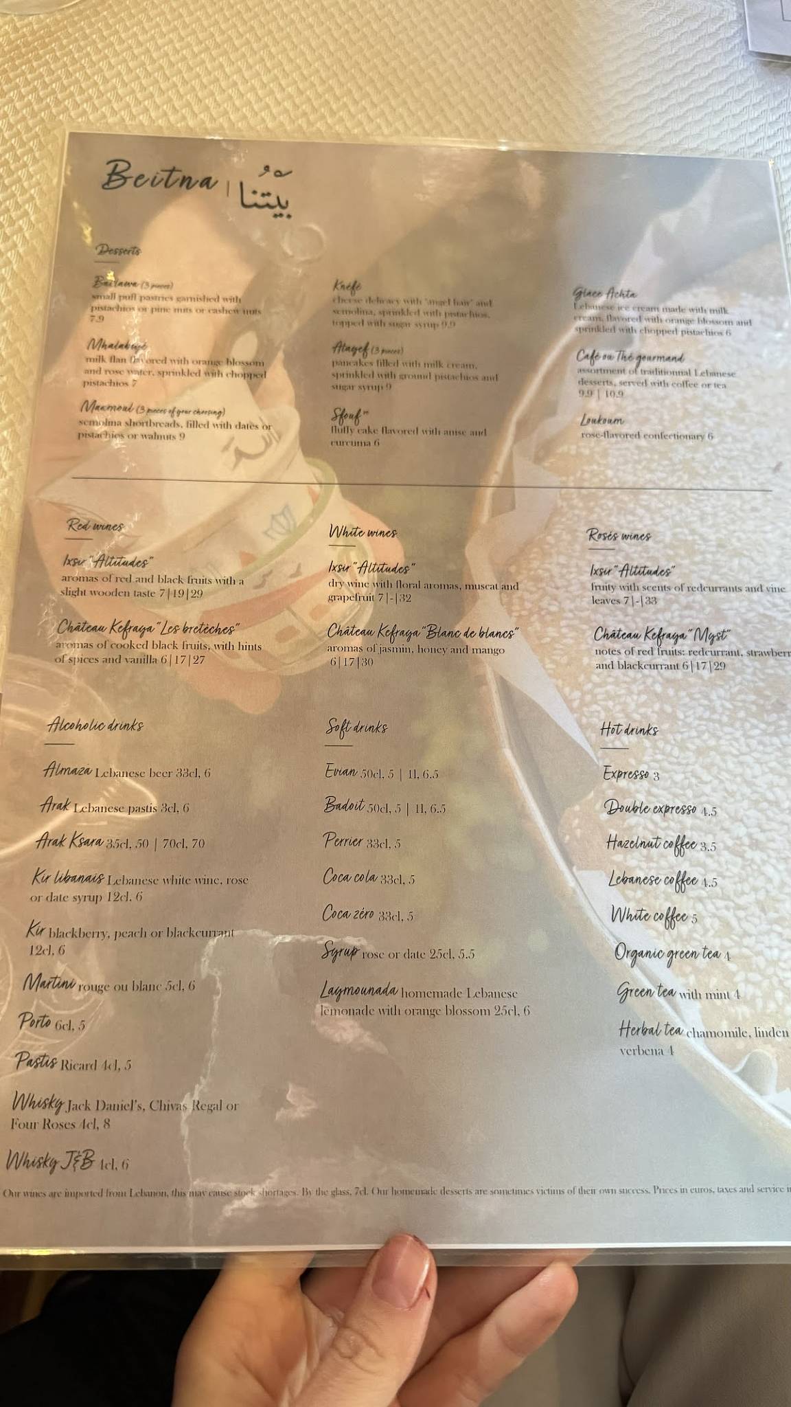 Menu de BEITNA