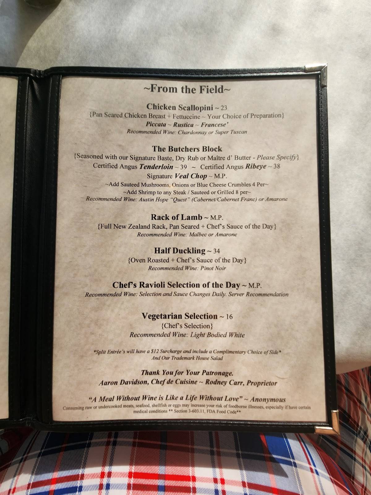 Menu at Vintage On 5th restaurant, Crystal River