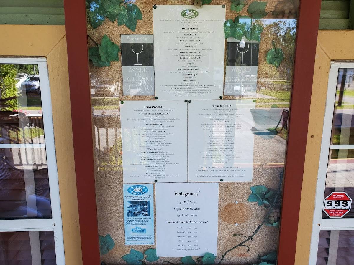Menu at Vintage On 5th restaurant, Crystal River