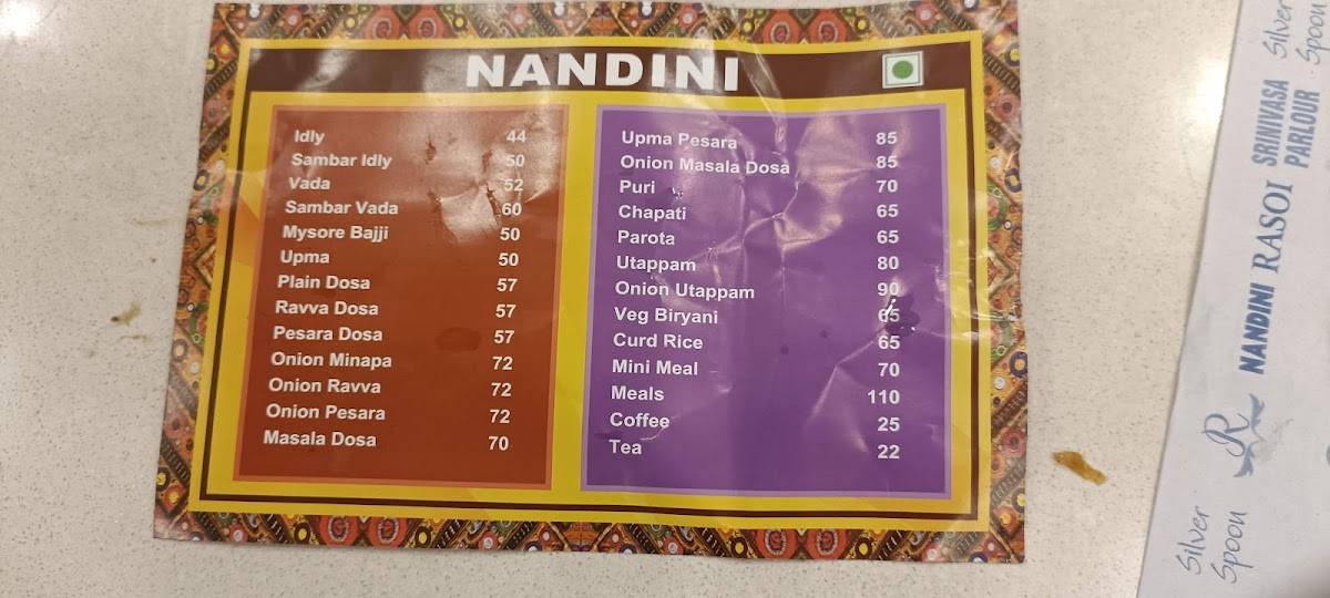 Nandini Srinivasa Parlour menu