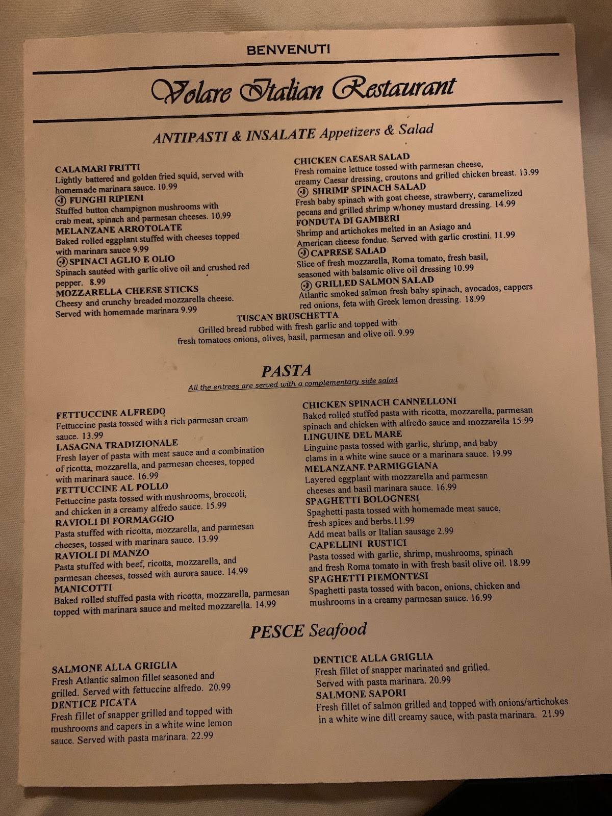 Menu at Volare Italian Restaurant, Brenham