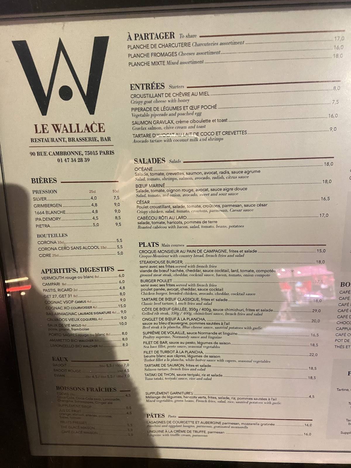 Menu de Brasserie Le Wallace