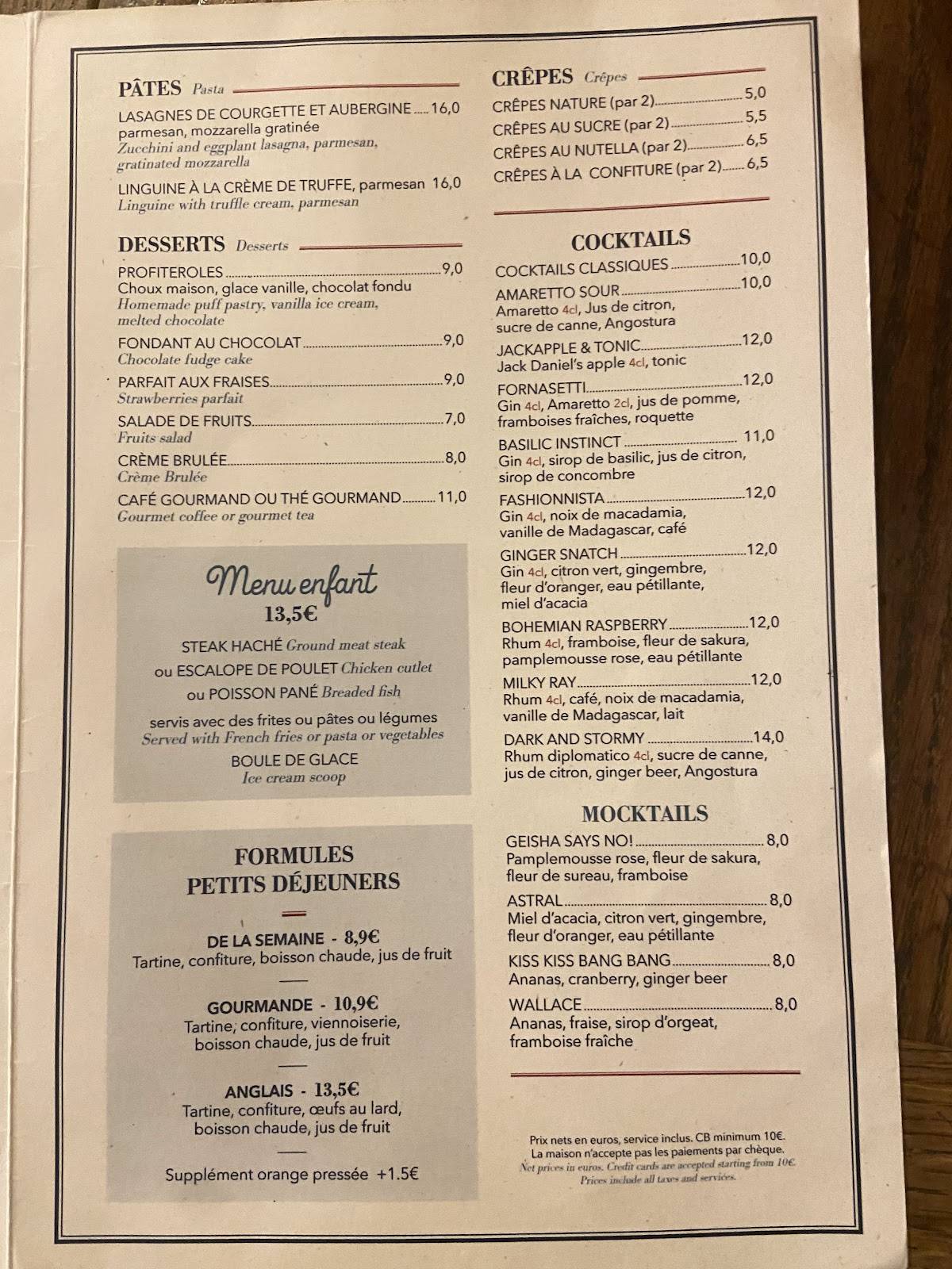 Menu de Brasserie Le Wallace