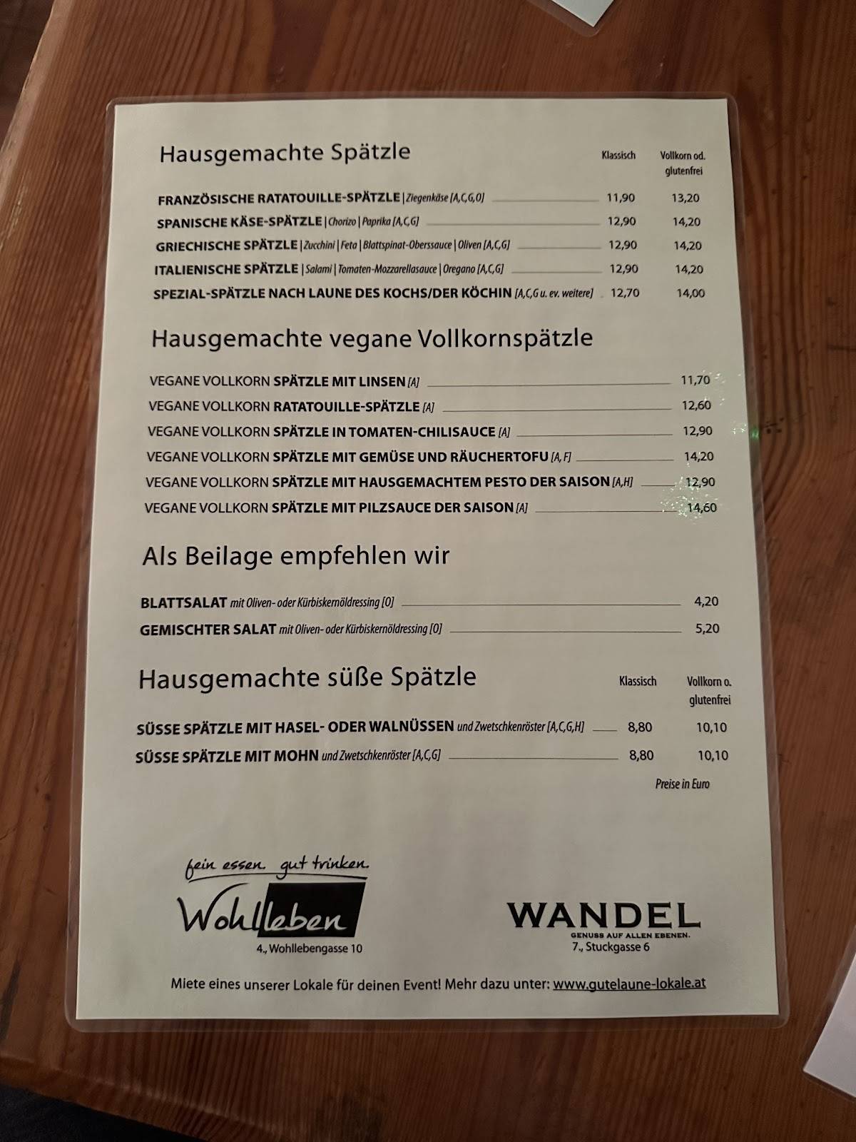 Menu de Wandel - Spätzlerestaurant Wien